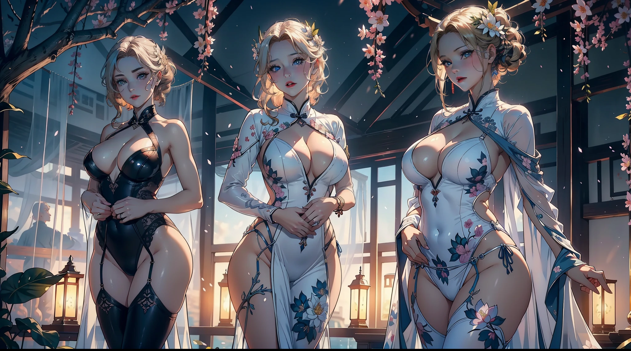 3 females,Stand in a row,Beauty contests,sexyposture,Married Woman,A MILF,熟妇,mature,extremely large bosom,plumw(Background with:Mare,Cherry blossom forest,lotus flower)Lie underwater, She has short blonde hair,cabelos preto e longos,bobo head,seen from the front,mostly cloudy sky,(((tmasterpiece),(Very detailed CG unity 8K wallpaper),best qualtiy,cinmatic lighting,detailed back ground,beatiful detailed eyes,Bright pupils,Blue eyes,Snow-whiteskin,Redlip(Very fine and beautiful),(Beautiful and detailed eye description),ultra - detailed,tmasterpiece,))facing at camera,A high resolution,ultra - detailed),revealing breasts,Bare genitalia, Bulge,legs are open,Raised sexy,Camel toes,Desire for dissatisfaction,frontage,(Wearing : White transparent cheongsam)