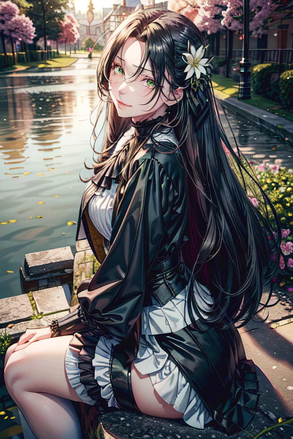 masterpiece, best quality, absurdres, half-body portrait, 1girl, human, female, (black hair), long hair, green eyes, long black coat, winged shaped hair pin, beauty mark under right eye, white shirt, silver cravat, black skirt, tennis skirt, black stockings, smirking, looking at viewer, sitting at the lake, (Charming 1.2), (Frivolous expression 1.2), aristocrat, magus, Fate/Grand Order, hair flower,