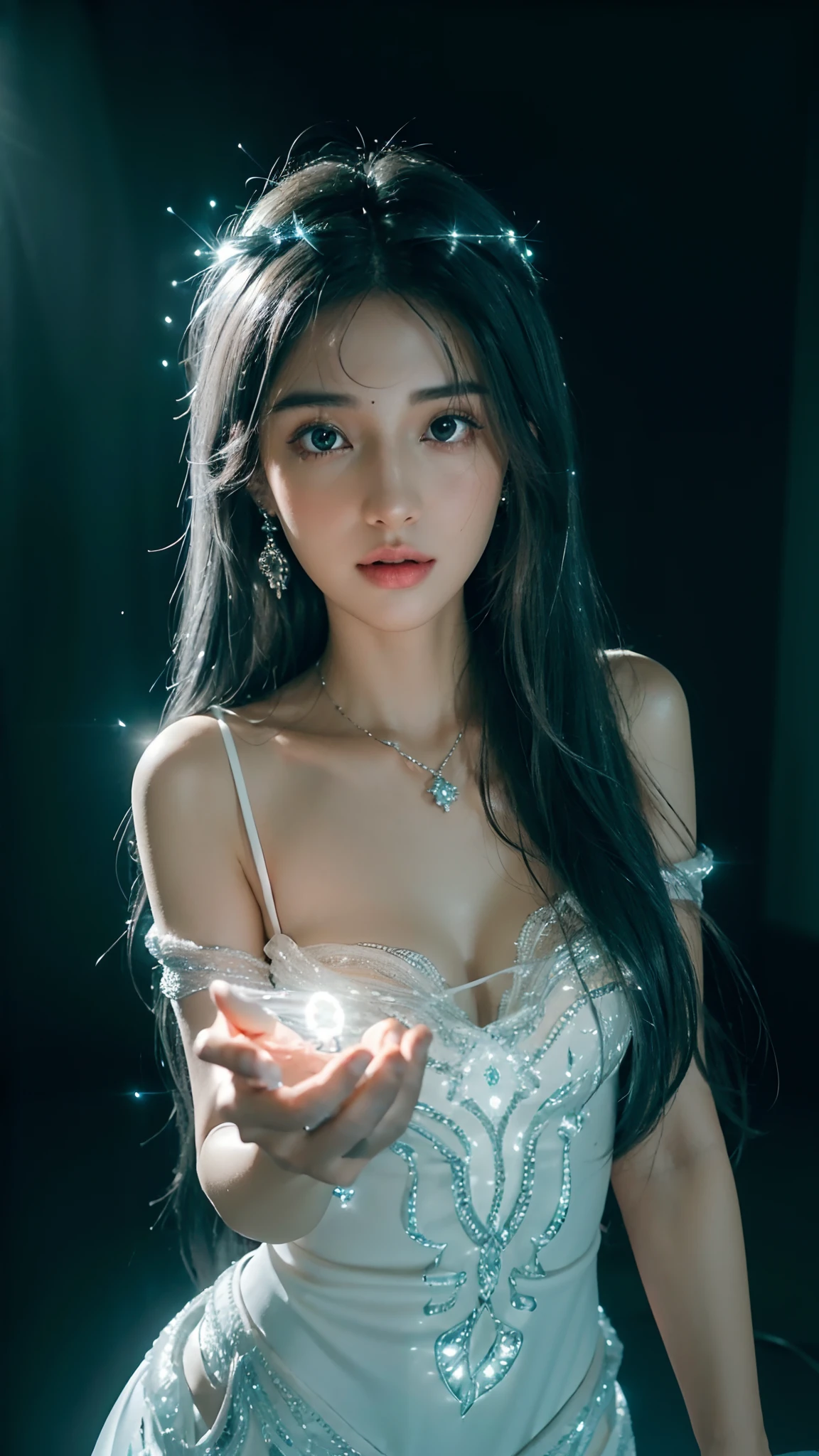 (4K:2.0), (ultra hd), Masterpiece, ((1girl)), beautiful face, (glowing face:1.5), detailed eyes, (ultra long flowing hair:1.5), (black and grey mixed hair color:1.2), crystal hair ornaments, earrings, necklace, (very beautiful:1.5), white dress, (glowing dress:1.5)) bare thigh, glowing lace:1.2 shining dress:1.2, magic ball glowing, jewellery, (soft light:1.5), (spreading lights:1.5), beautiful bright glowing, low lighting, dark room, (complex shadow:1.2), , looking at viewers,