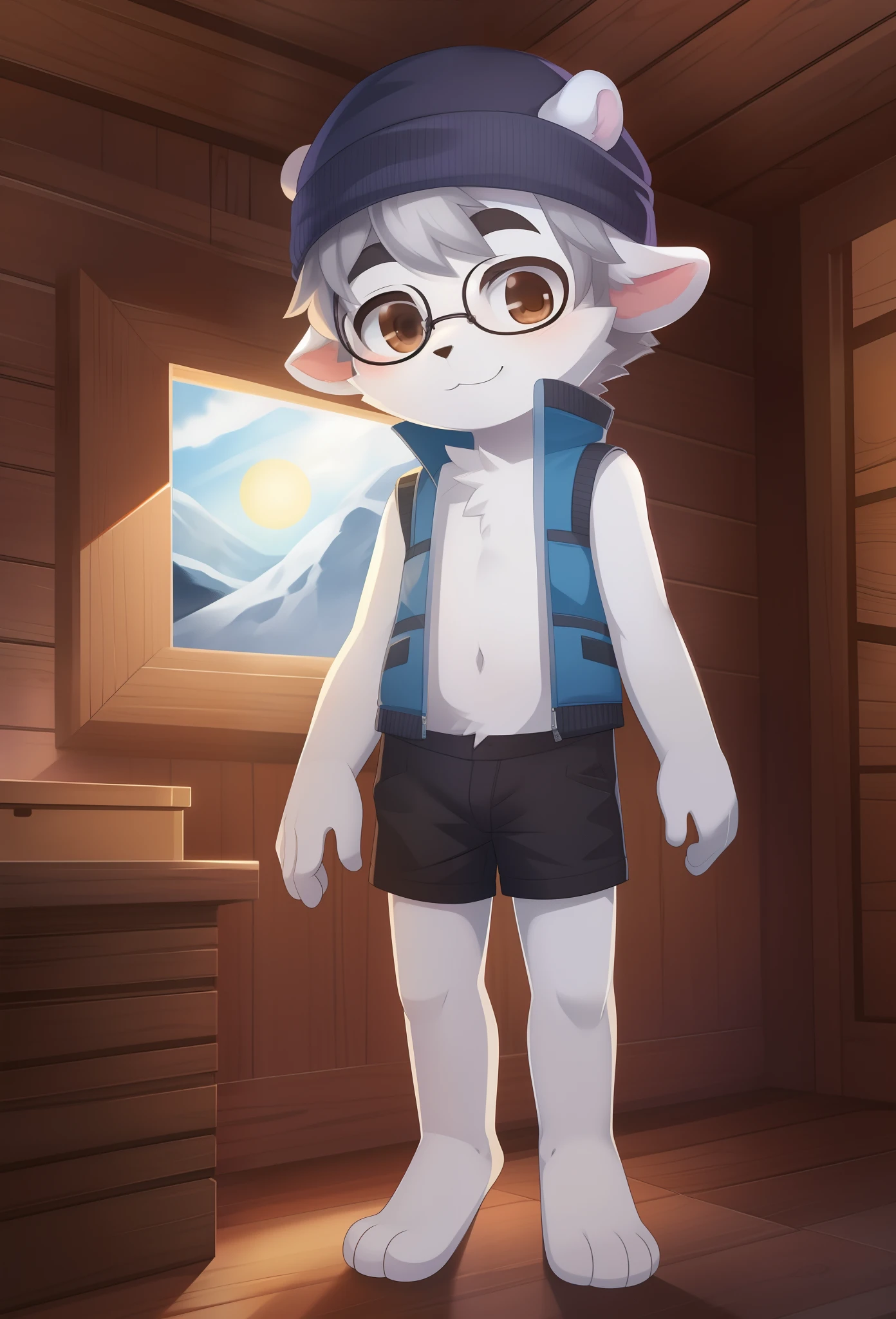 Furry shota, young, polar bear, grey hair, spiky hair, spiky short ponytail, detailed body fur, brown eyes, winter blue vest, open clothes, nude torso, black short pants, wool cap, masterpiece, looking at you, white body fur, detailed face, big eyebrows, detailed eyes, detailed body, inside cabin, detailed hands, flat body, glistering body, shiny body, skinny, spectacular effects, sassy face, :3, paws whit three toes, full body, glasses, standing,