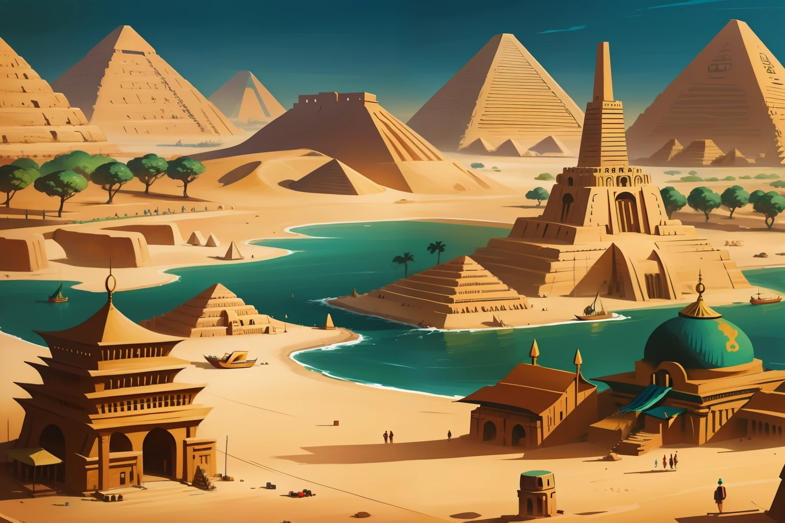 A painting, Write with gouache, style of, It looks like a vector image, Large trading city depicted in oriental and Egyptian style as well as African flavors, Active trading and communication