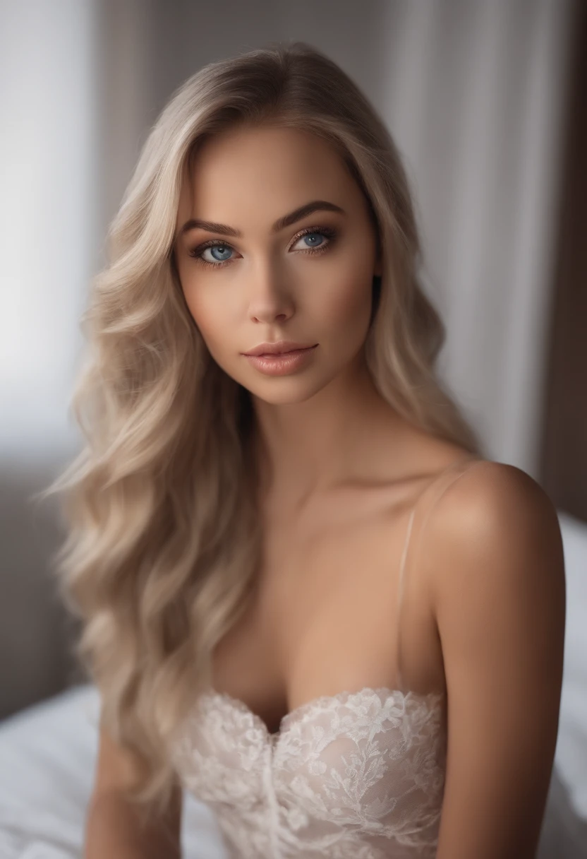 arafed woman fully , sexy girl with blue eyes, ultra realistic, meticulously detailed, portrait sophie mudd, blonde hair and large eyes, selfie of a young woman, bedroom eyes, violet myers, without makeup, natural makeup, looking directly at the camera, face with artgram, subtle makeup, stunning full body shot kneeling on bed, in bedroom, medium to large size bust, fully nude