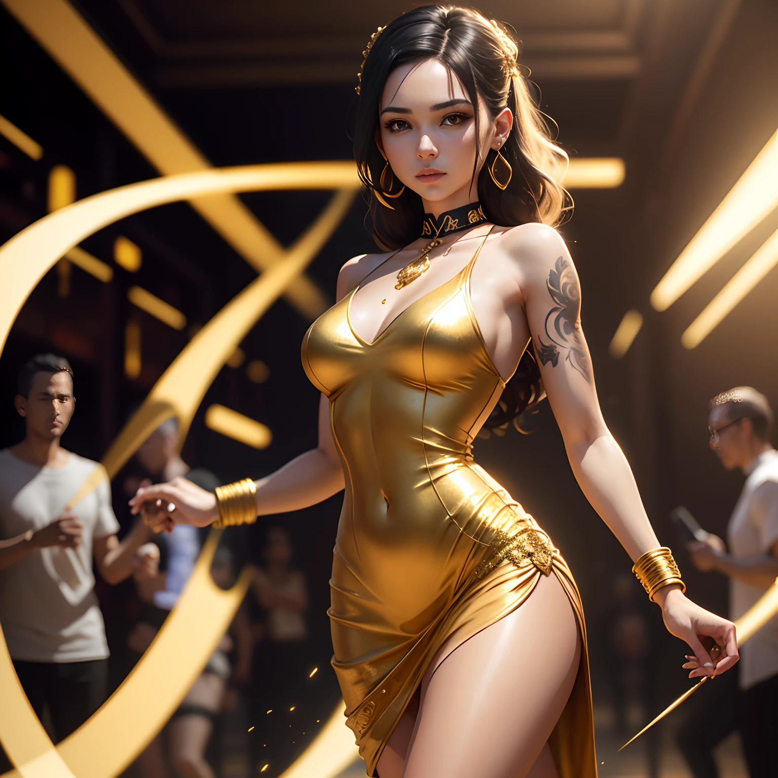 Gold tattoo with girl with golden earrings, In the style of vray tracing, Martin Ansin, yuumei, Poured, close up, Dark white and gold, speedpainting, masutepiece, Best Quality,Skinny Legs,Gold Dress,Party Venue,