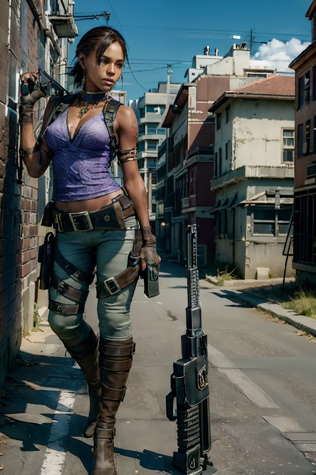 (masterpiece, best quality) ShevaRE, 1girl, solo, weapon, gun, gloves, jewelry, fingerless gloves, handgun, earrings, short hair, tattoo, holster, dark skin, pants, shoulder holster, realistic, black hair, dark-skinned female, armlet, (full body), looking at camera