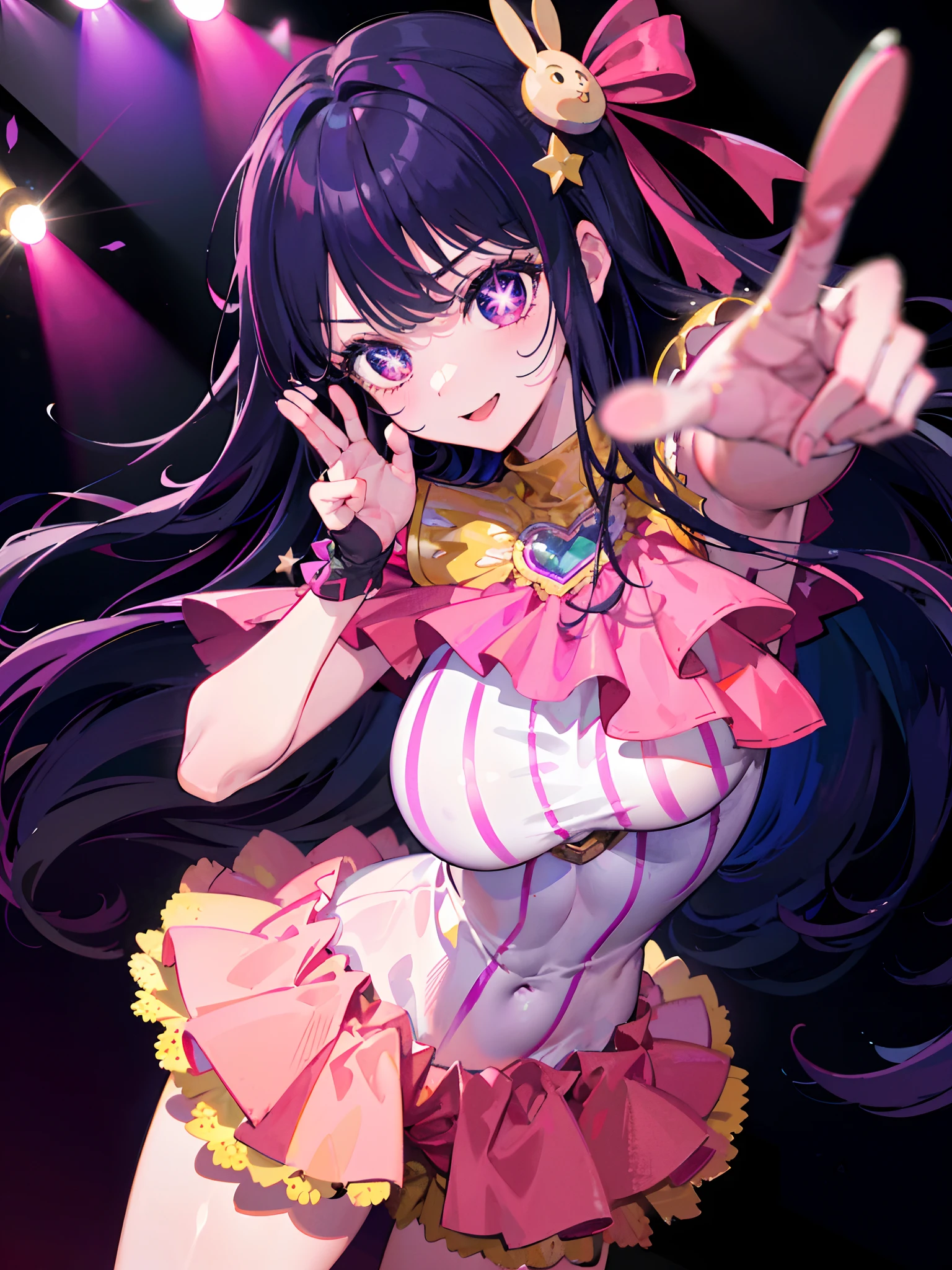1 girl,(Ai Hoshino, Long hair, Purple hair, Striped hair ,Purple eyes, star-shaped pupils, hair adornments) ,((masutepiece)), (Best Quality), (Beautiful detailed eyes), (Ultra-detailed), (finedetail), (hight resolution), 8K, Cinematic lighting, Colorful, 1 girl, Cute, Professional photo details of stunning girls, Sharp Focus, Dramatic, Lovely smile, Cheerful big, On stage, Spotlight, Cute idol costumes, concert, Cowboy Shot, Dynamic Angle, Dutch Angle, Dancing, (kawaii, PastelColors),、nice hand, Perfect hands,