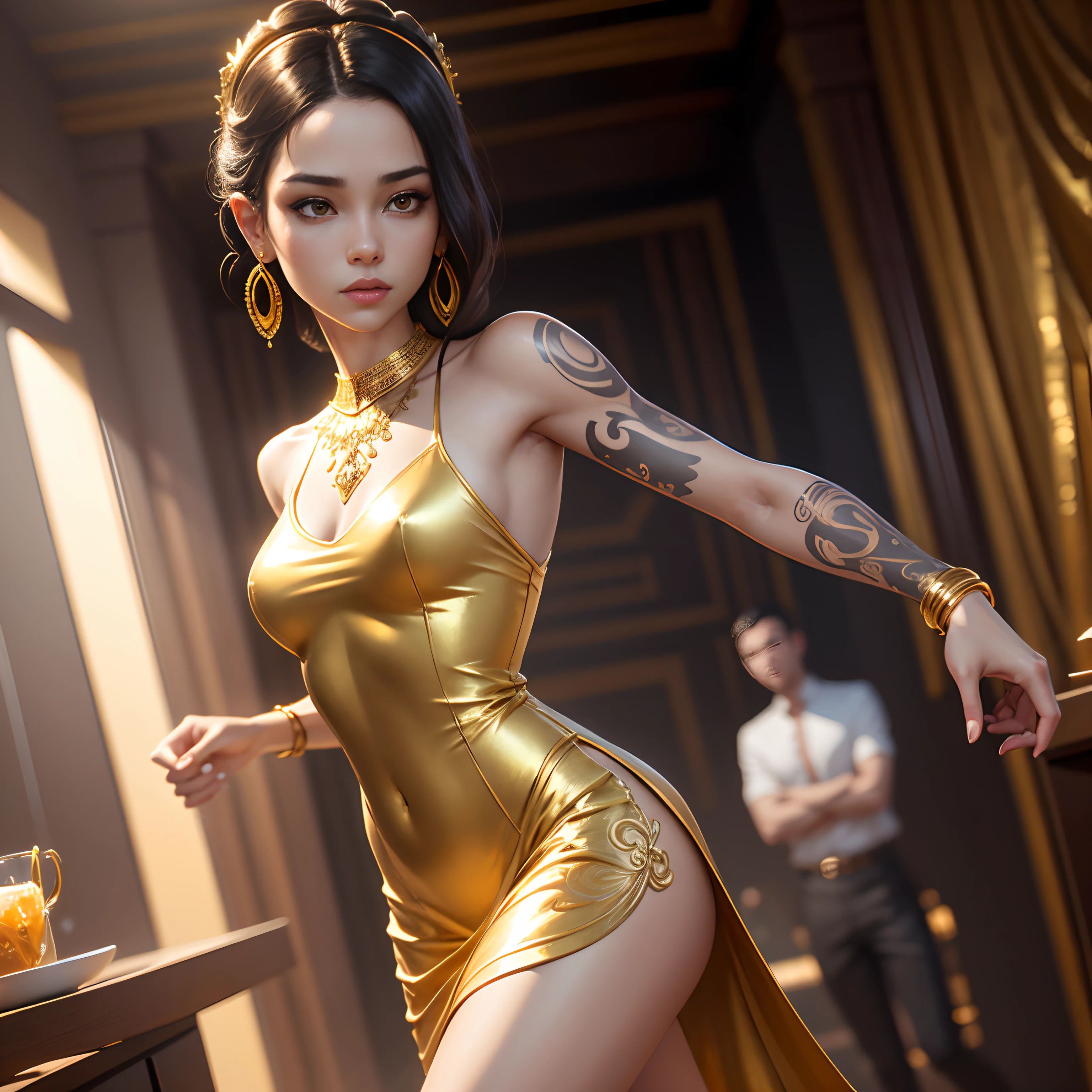 Gold tattoo with girl with golden earrings, In the style of vray tracing, Martin Ansin, yuumei, Poured, close up, Dark white and gold, speedpainting, masutepiece, Best Quality,Skinny Legs,Gold Dress,Party Venue,