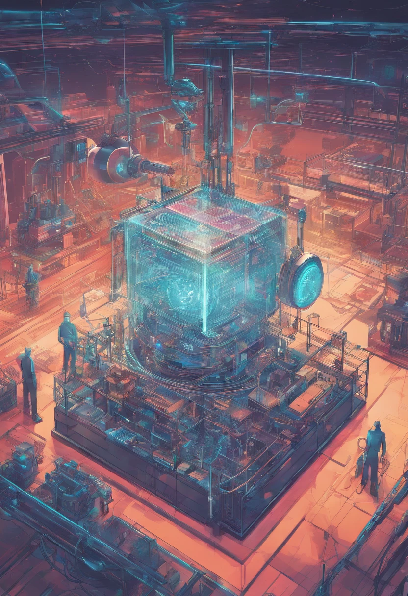 Simple, hi-tech Industrial IOT network hologram. Within the hologram, there are objects like industrial mixer, industrial, packing machine and each objects are defined clearly without overlapping