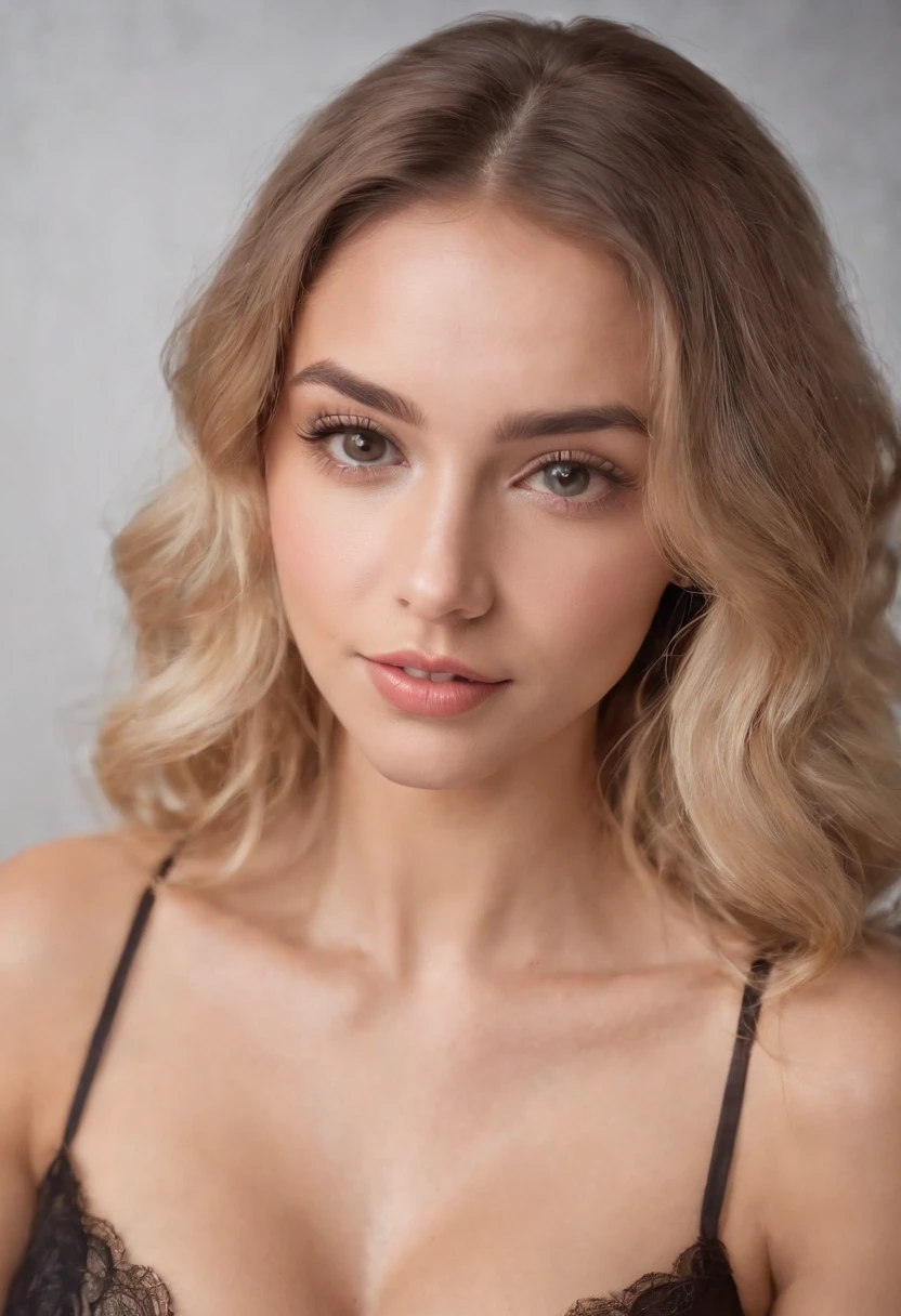 Sexy woman, 20 years old, Slim, sport, Tanned skin, Big breasts, Narrow waist, curly blond hair, Instagram model, Realistic, instagram picture, Photography, realisitic, Natural. Sitting on a bed, sexy black lingerie, playful smile