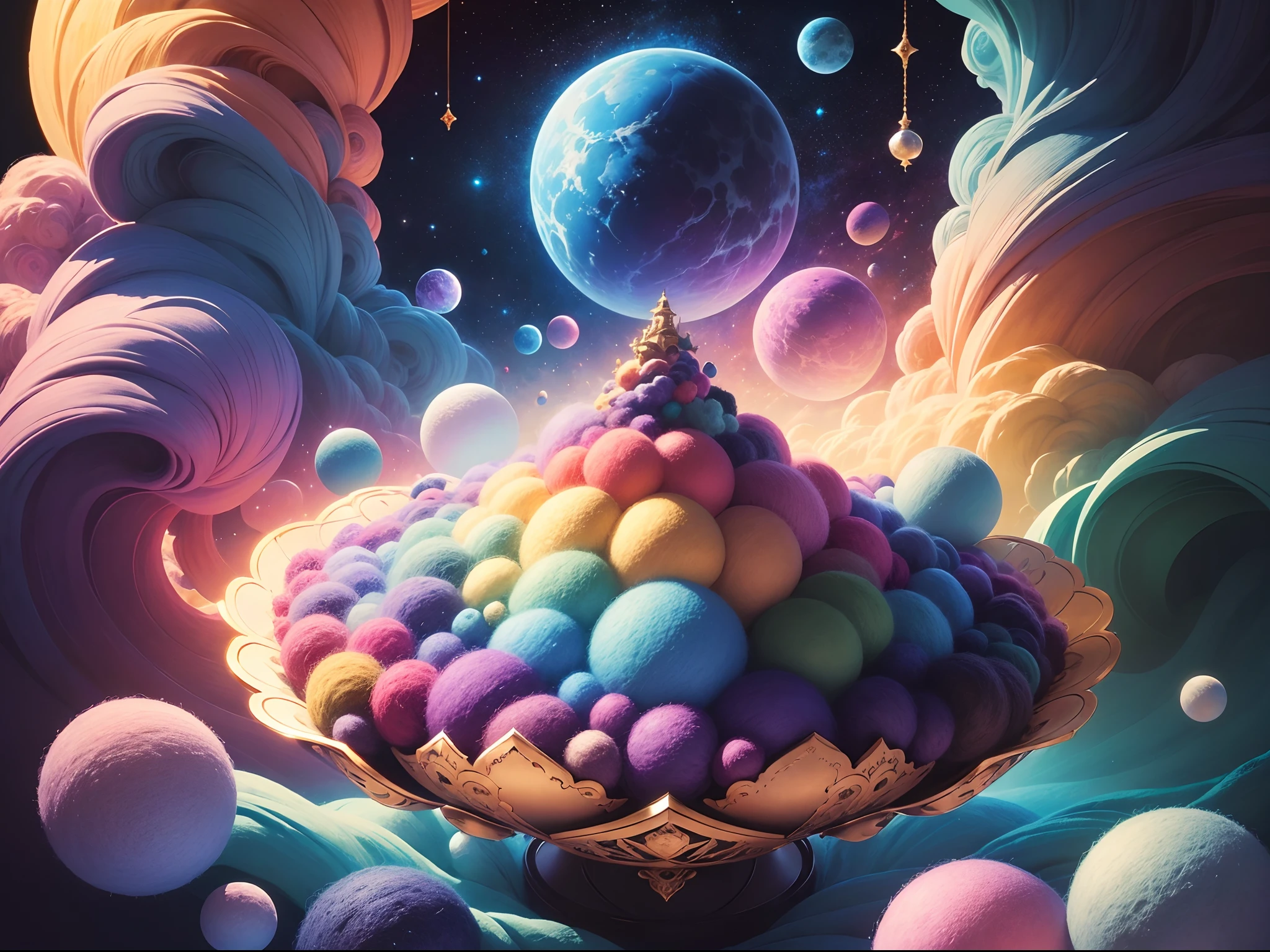 ((Need)), ((tmasterpiece)), (A detailed),Multicolored wool felt ,Colored wool felt,A planet covered with wool felt,wool knitted fabric,Gorgeous wool felt,Gravity-free space,Wool Planet,((Wool felt material))plethora of colors, (fantasy illustrations:1.3),pastelcolor, (A high resolution:1.2)