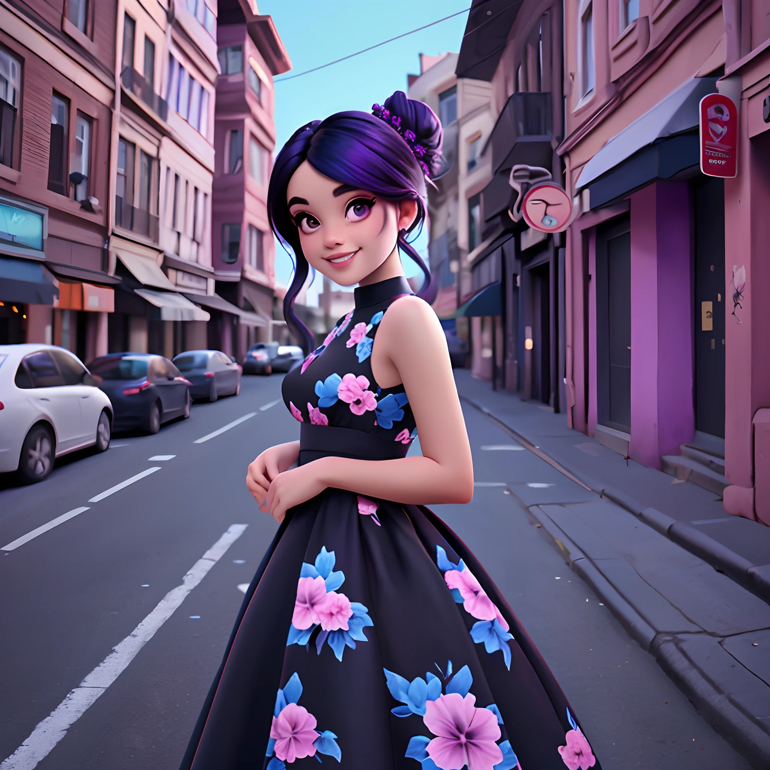 Black Girl, youthfulness, Brown eye, Long black dress, Clear smile, florals, outside of house, turbaned, Your hair is tied in a bun, Tom Light Blue, Black and dark purple horror, full bodyesbian, The background is filled with urban tones of the city, evokes lightness and euphoria.