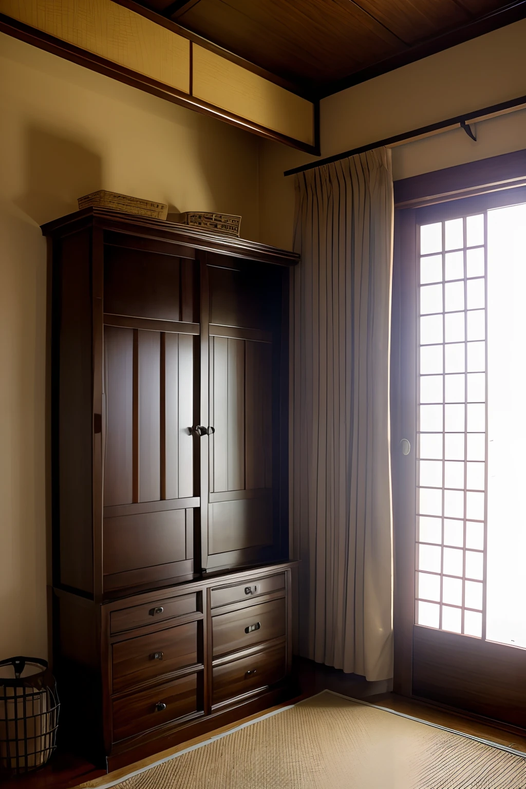 ((low angle:1,5)),((look up:1,5)), ((large chest of drawers or wardrobe:1,5)), Backlighting, Dark, old traditional house, Home video, subjective, miscellaneous, messy,((A room with curtains drawn closed)),Decorated curtains,((Tatami:1,3)), ((low table)),((small room:1,3)),((Buddhist altar)),((a room with no incoming light)), ((blackout curtains)), cluttered,hardwood flooring, ((narrow hallway)),((Small room)), Carpet, rug mat, kitchen cabinet, Showa-era retro, rental housing, cluttered, decadent, dilapidated, wooden house, typical Japanese home, intricately crafted doors, antique three-tiered box,((TV)), ((air conditioner)), ((low table)), tea cup and snacks on the low table, indoor drying, ((laundry hanging in the room)), Hanging up clothes to dry,sliding doors (fusuma), curtains, windows, fixed telephone on the three-tiered box, bookshelves