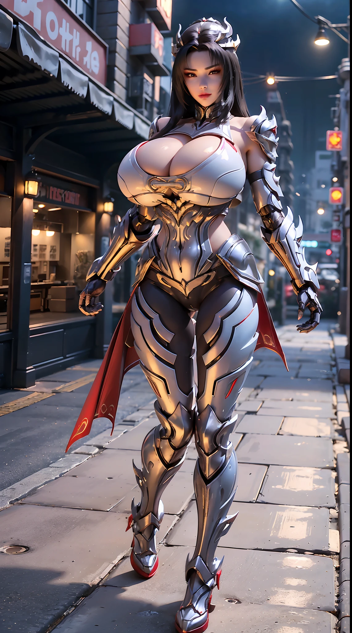 (UNREAL ENGINE 5), (DRAGON QUEEN HELM), (HUGE FAKE BOOBS:1.3), (BEAUTIFUL FACE), (RED, WHITE), (CYBERPUNK STREET CITY), (CYBER MECHA ARMOR), (CLEAVAGE), (SKINTIGHT MECHA YOGA PANTS), (MECHA HIGH HEELS), (PERFECT BODY:1.2), (LOOKING AT VIEWER), (WALKING DOWN:1), MUSCULAR BODY, MUSCLE ABS, UHD, 8K, 1080P.