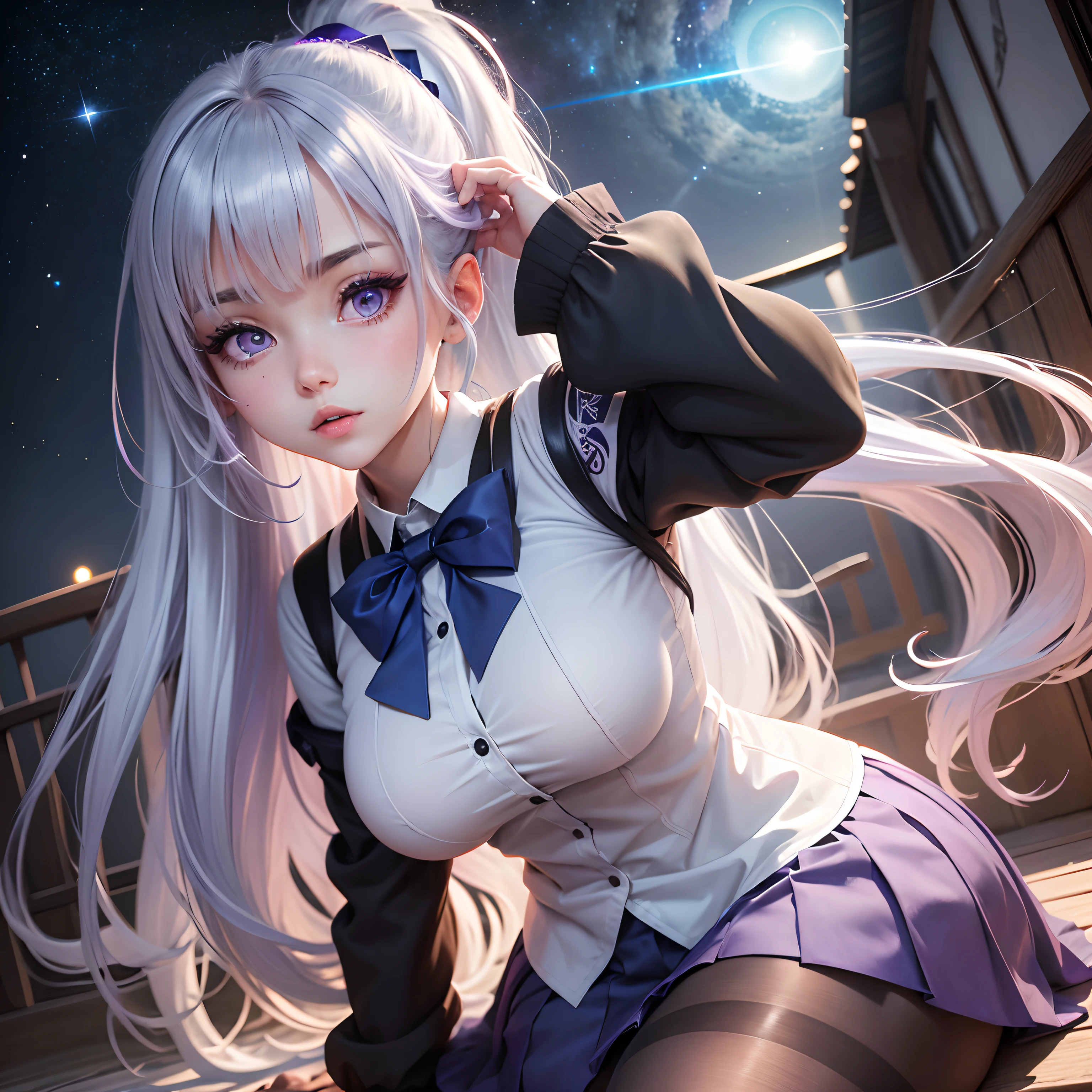 Best Quality, masutepiece,, Illustration, Wallpaper,1girl in, Solo, School uniform, White shirt, Black skirt, Bright purple-silver hair, Semi-long hair, Beautiful detailed girl, extremely detailed eye and face, Beautiful detailed eyes, Shy, natural_Lighting, Glow,NSFW, Clean sky, Looking at Viewer, Outdoors, nigh sky, Star (skyporn), lowfers, Black pantyhose, blue bowtie, Straight hair, Purple petals, Purple and blue flowers, Red pupil, Ponytail, Blue Ribbon,White hair, Thick_thighs thighs thighs thighs, Large breasts, Red Eyes,