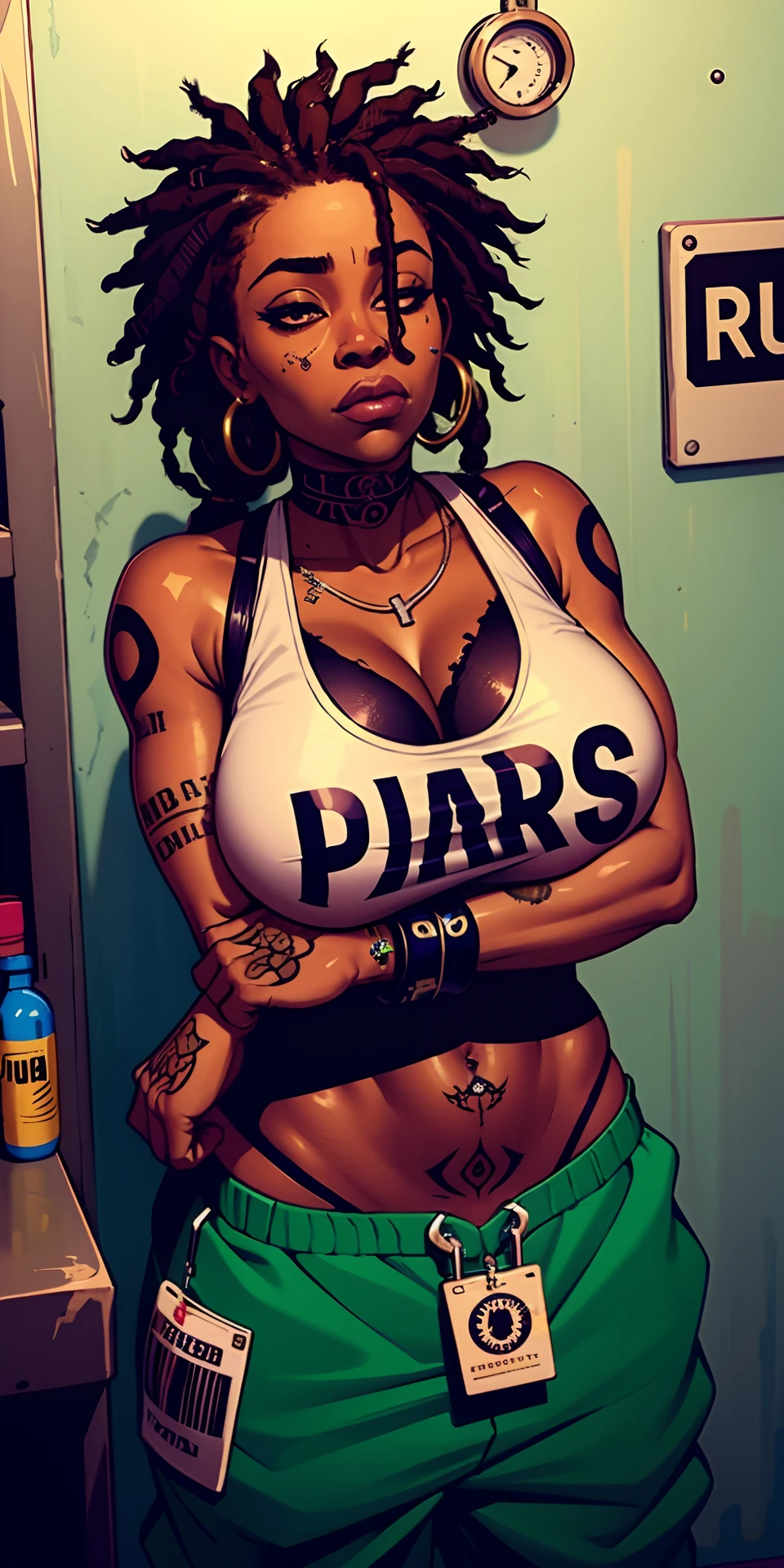 dark skin middle aged small boobs drugged Jamaican , tired and sleepy, on drugs, messy black dreads, tattoos, in handcuffs, wearing prison jumpsuit with logo, boobs, in jail cell with big black man