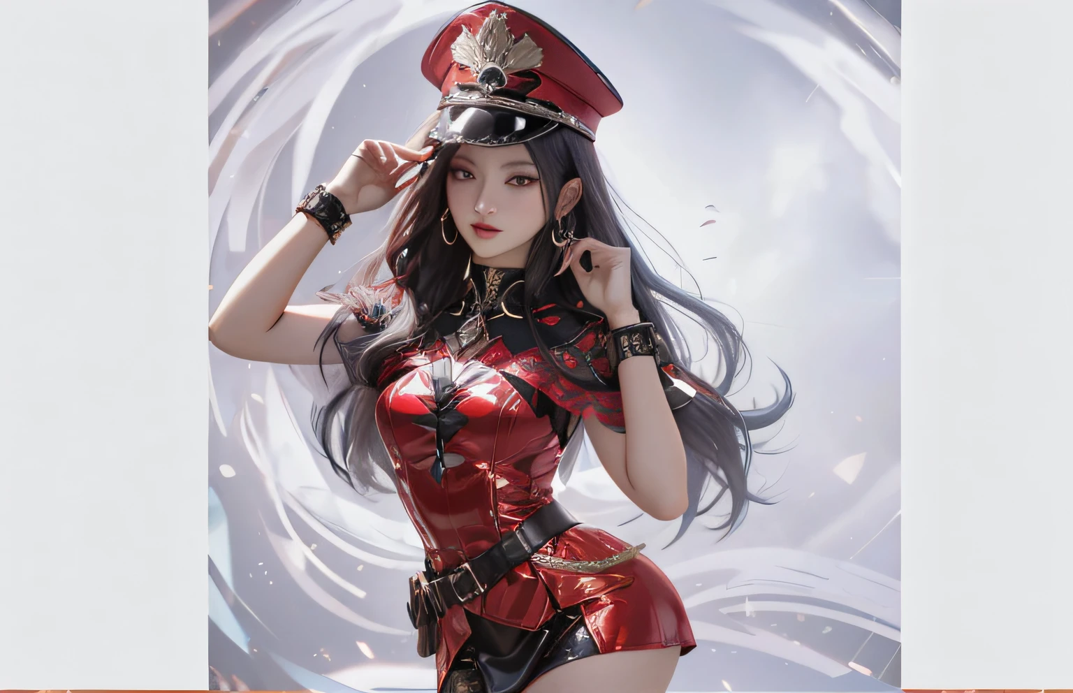 (Detailed face and eyes:1.1),1girll,Oda_smoll,Hat,Cape,Red eyes,army suit,Orange hair, Break,Hyper-detailing,, A girl, Dark blur dress, Detailed eyes, Frontal capture, Unreal Engine 5，Military uniform temptation，Military uniforms,Skirt that wraps hips，Wear a military cap，Red clothes，Metal ornaments，Anterior convex and posterior,red tint