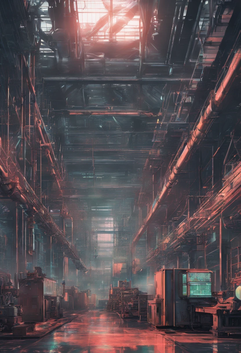 Cyber physical digital hologram of industrial factory. No other objects beside hologram is included.