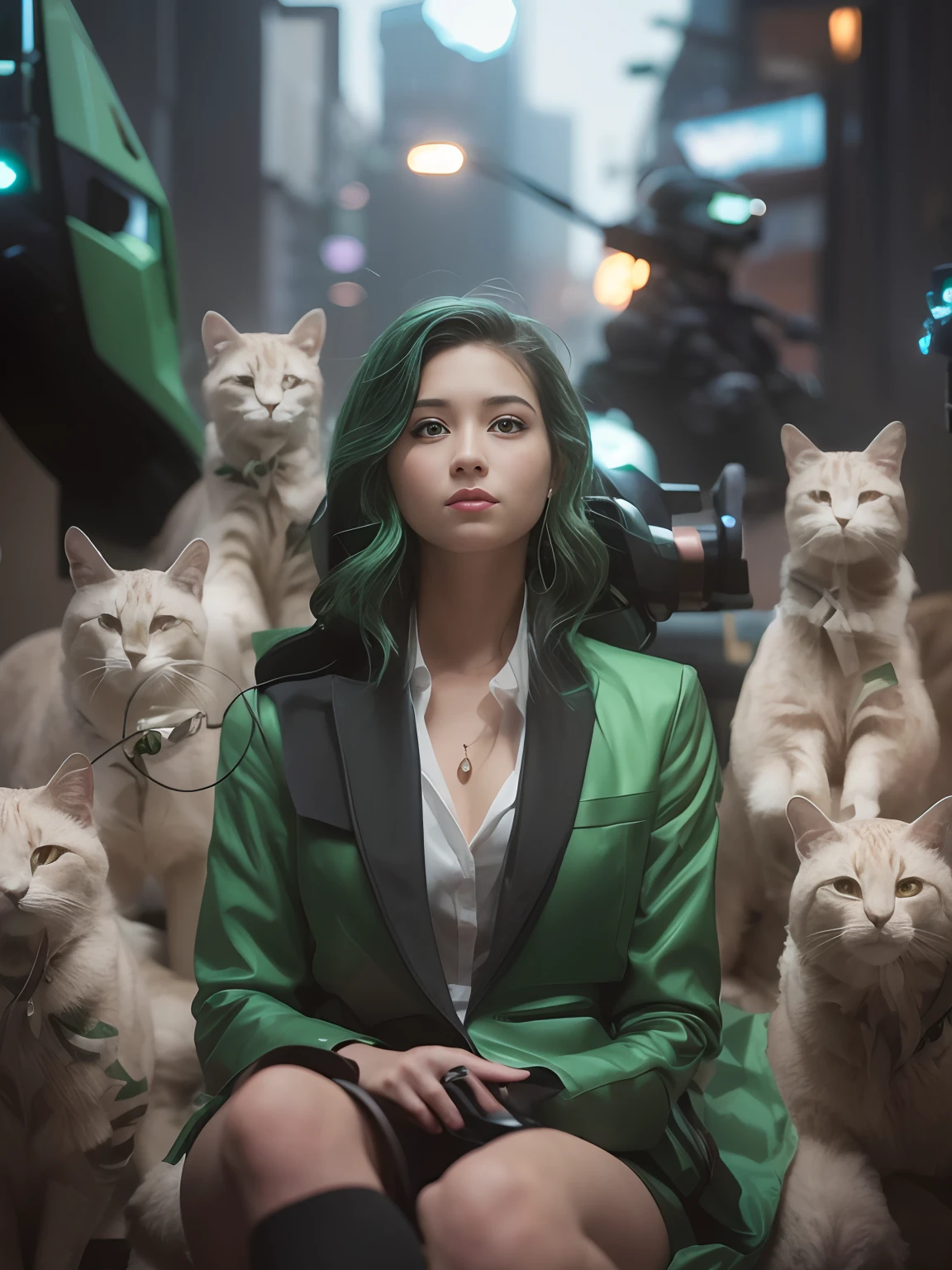 Highest image quality, outstanding details, ultra-high resolution, (realism: 1.4), the best illustration, favor details, highly condensed 1girl, with a delicate and beautiful face, dressed in a black and green mecha, wearing a mecha helmet, holding a directional controller, riding on a motorcycle, the background is a high-tech lighting scene of the future city.