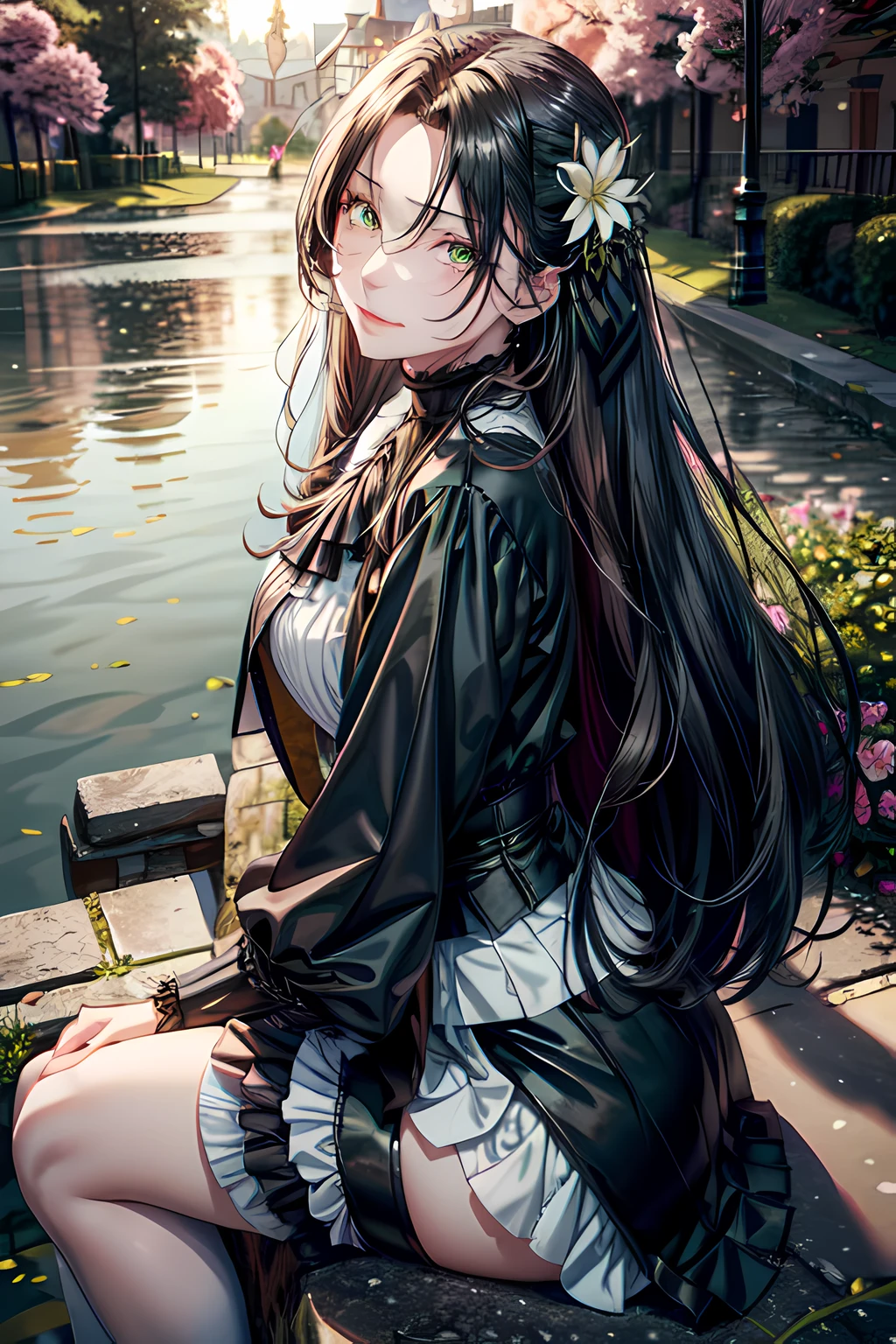 masterpiece, best quality, absurdres, half-body portrait, 1girl, human, female, (black hair), long hair, green eyes, long black coat, winged shaped hair pin, beauty mark under right eye, white shirt, silver cravat, black skirt, tennis skirt, black stockings, smirking, looking at viewer, sitting at the lake, (Charming 1.2), (Frivolous expression 1.2), aristocrat, magus, Fate/Grand Order, hair flower,
