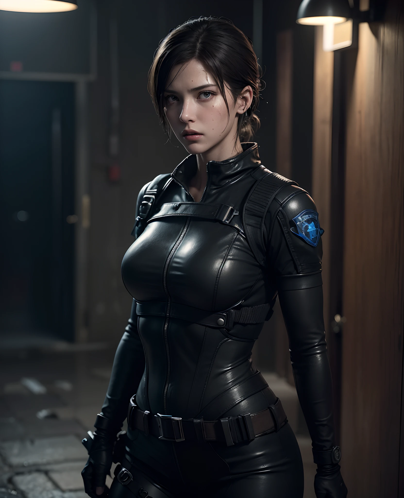 "In a dim and eerie hallway, A determined figure is poised. jillvalentine, Iconic Es.T.A.r.S. Members of the Resident Evil series, Ready for action. Her wet hair sticks to her face, Proof of the danger she already faces in the rain-soaked streets of Raccoon City. With an unwavering gaze, She points a handgun, Be prepared for what horrors lie in store. The gravity of the situation is clear in her eyes, however、So is her determination to put an end to the nightmare."、​masterpiece、top-quality、Photorealsitic、电影灯光、dark ambiance、Volumetric lighting、