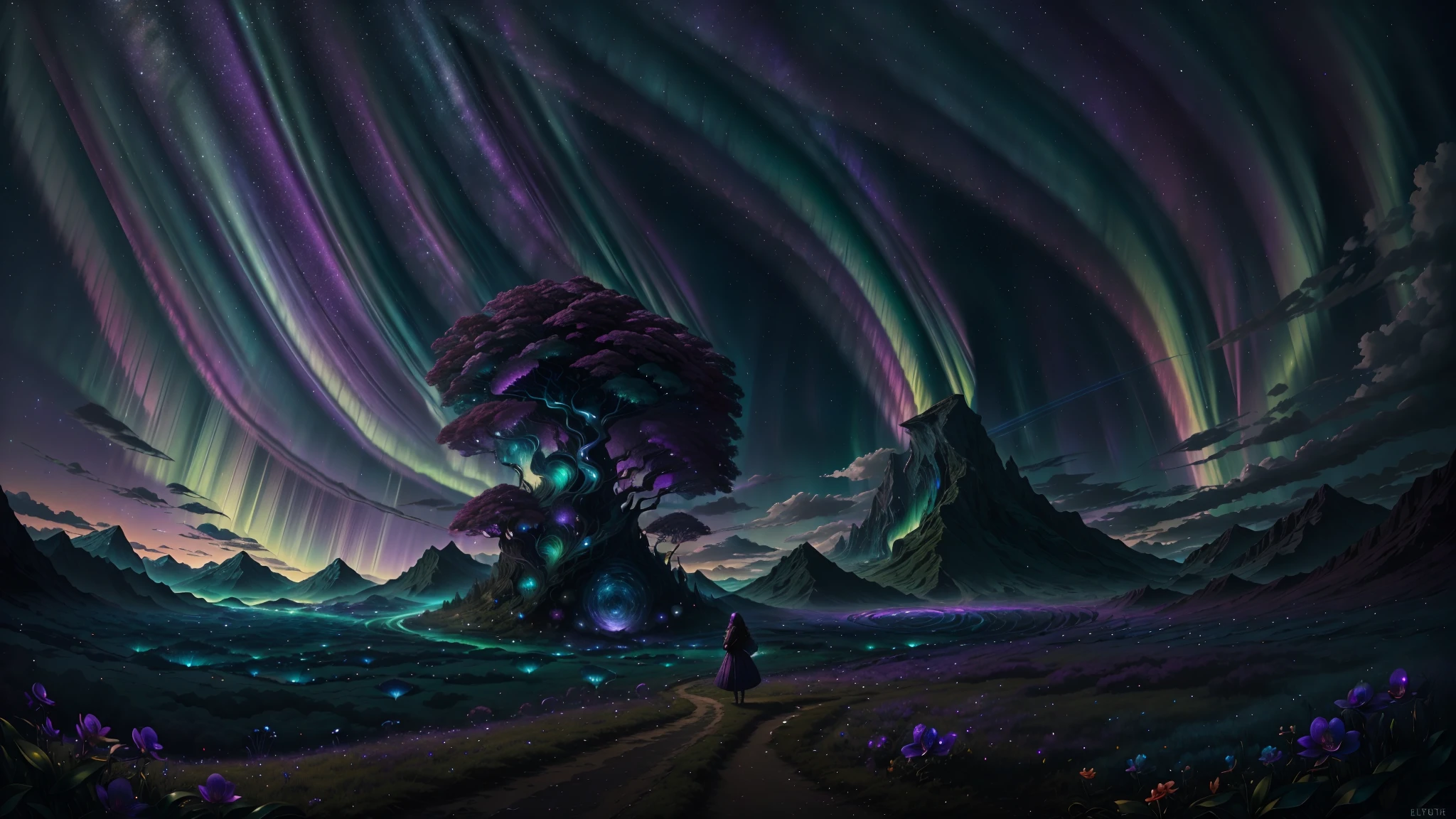 An awe-struck Aurora Witness, gazing up into a mesmerizing sky filled with kaleidoscopic lights of greens, blues, and purples, as the surreal colors merge and blend to create an otherworldly visual symphony, evoking a sense of intense curiosity and euphoria. Spectrolite, orchid, flowervirus, fantasy00d.