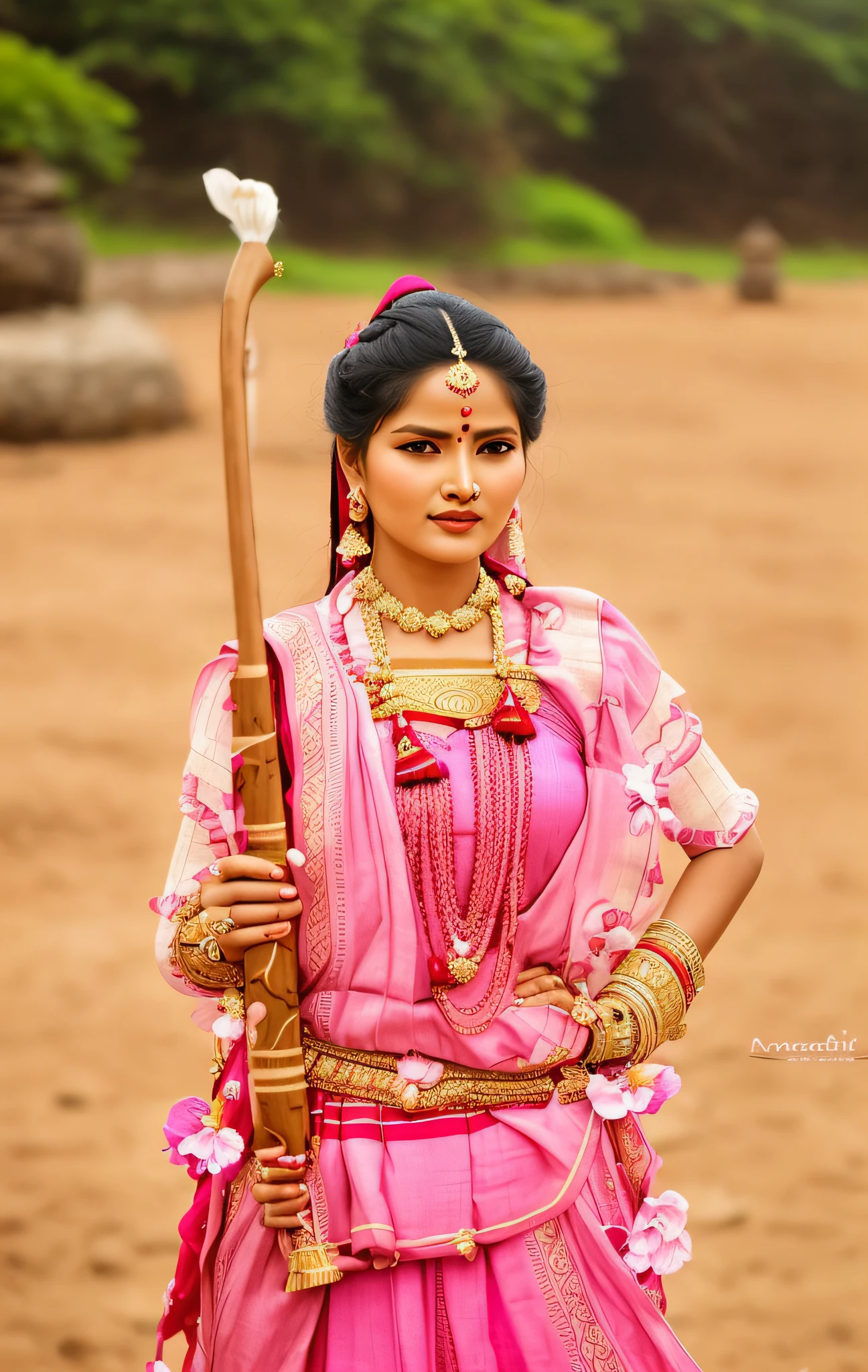a woman in a traditional dress holding a pink stick, traditional beauty, wearing an elegant tribal outfit, indian, indian style, very beautiful enga style, assamese aesthetic, a beautiful woman warrior, beautiful image, traditional clothes, traditional dress, wearing bihu dress mekhela sador, pink colored traditional wear, traditional, assamese, very beautiful woman