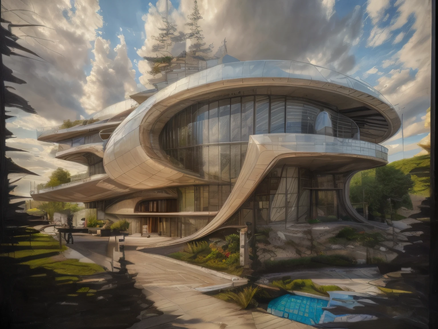 (best quality,4k,8k,highres,masterpiece:1.2),ultra-detailed,(realistic,photorealistic,photo-realistic:1.37),house photo with beautiful landscape,natural light,bright colors,glass windows,daytime,beautiful sky,beautiful road,modern style,designed by zaha hadid,portraits,landscape,vivid colors,physically-based rendering,HDR,UHD,studio lighting,ultra-fine painting,sharp focus,extremely detailed architecture,professional