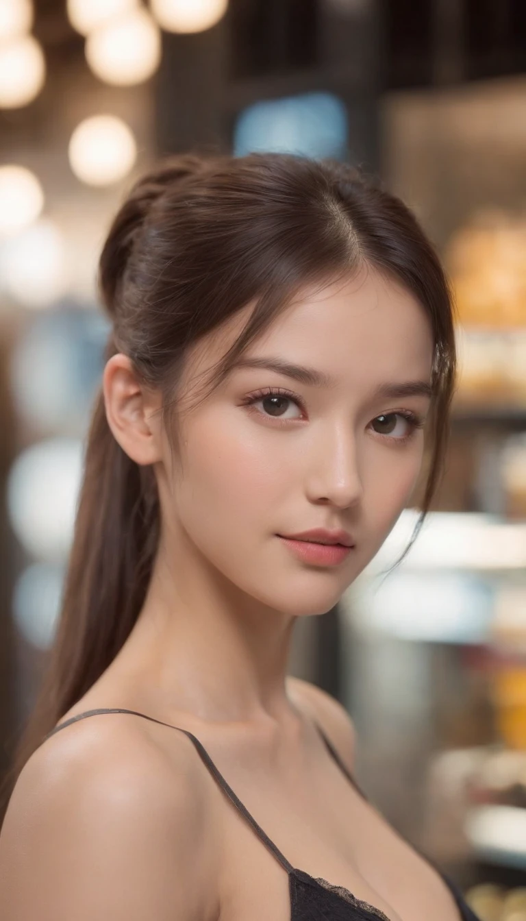 (One lady)、(fully body photo)、Cinematica Matrix 5, NSFW,20 year old girl with ponytail hair, large dark gray eyes, And a perfect oval face, Rendered in a photorealistic style with sharp edges and vibrant atmosphere, Standing in a convenience store with bare breasts,wear bikini,large full breasts