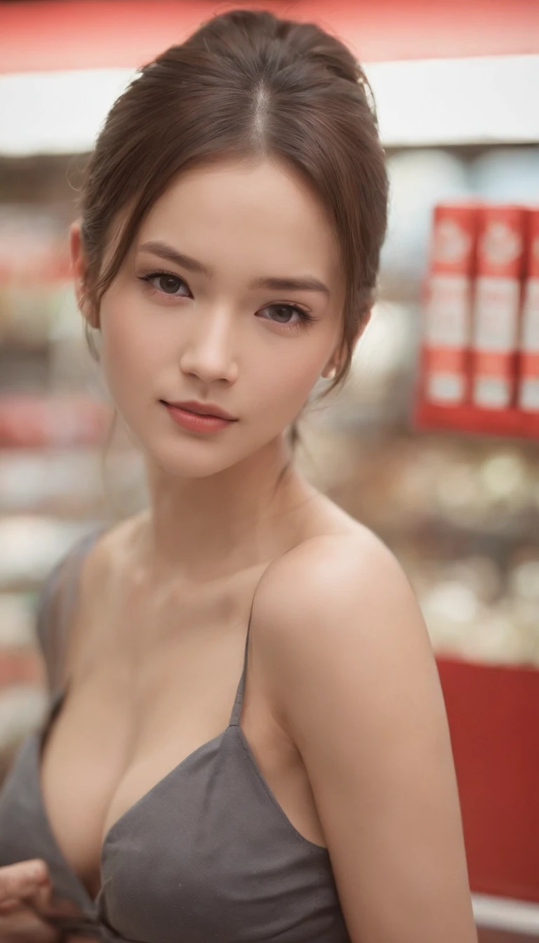 (One lady)、(fully body photo)、Cinematica Matrix 5, NSFW,20 year old girl with ponytail hair, large dark gray eyes, And a perfect oval face, Rendered in a photorealistic style with sharp edges and vibrant atmosphere, Standing in a convenience store with bare breasts,wear bikini,large full breasts