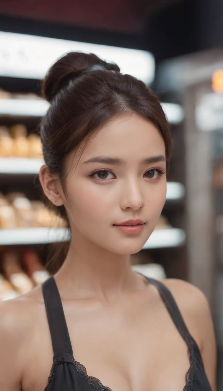 (One lady)、(fully body photo)、Cinematica Matrix 5, NSFW,20 year old girl with ponytail hair, large dark gray eyes, And a perfect oval face, Rendered in a photorealistic style with sharp edges and vibrant atmosphere, Standing in a convenience store with bare breasts,wear bikini,large full breasts