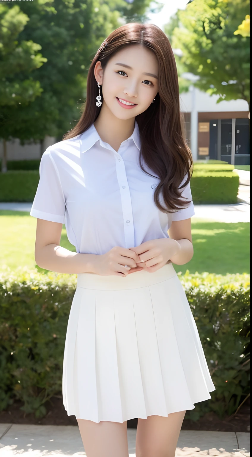 Very detailed 8k wallpaper)、foco nítido、in detail、Drama、Delicate and beautiful schoolgirl、sixteen years old、Sheer white shirt、Quite short skirt、ligh brown hair、hair adornments、Beautiful and sexy、A smile、独奏、Beautiful graphics、Bright school building、Full of students、clean legs、