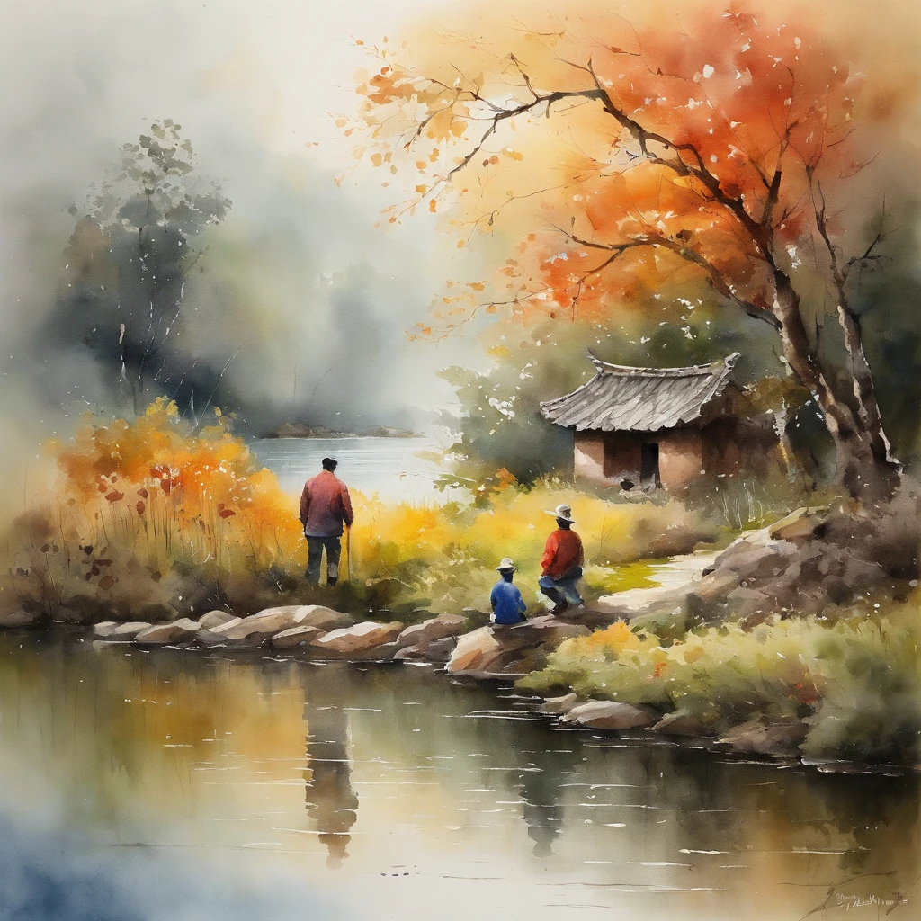 A father and son by a pond, Yang Yongliang painting