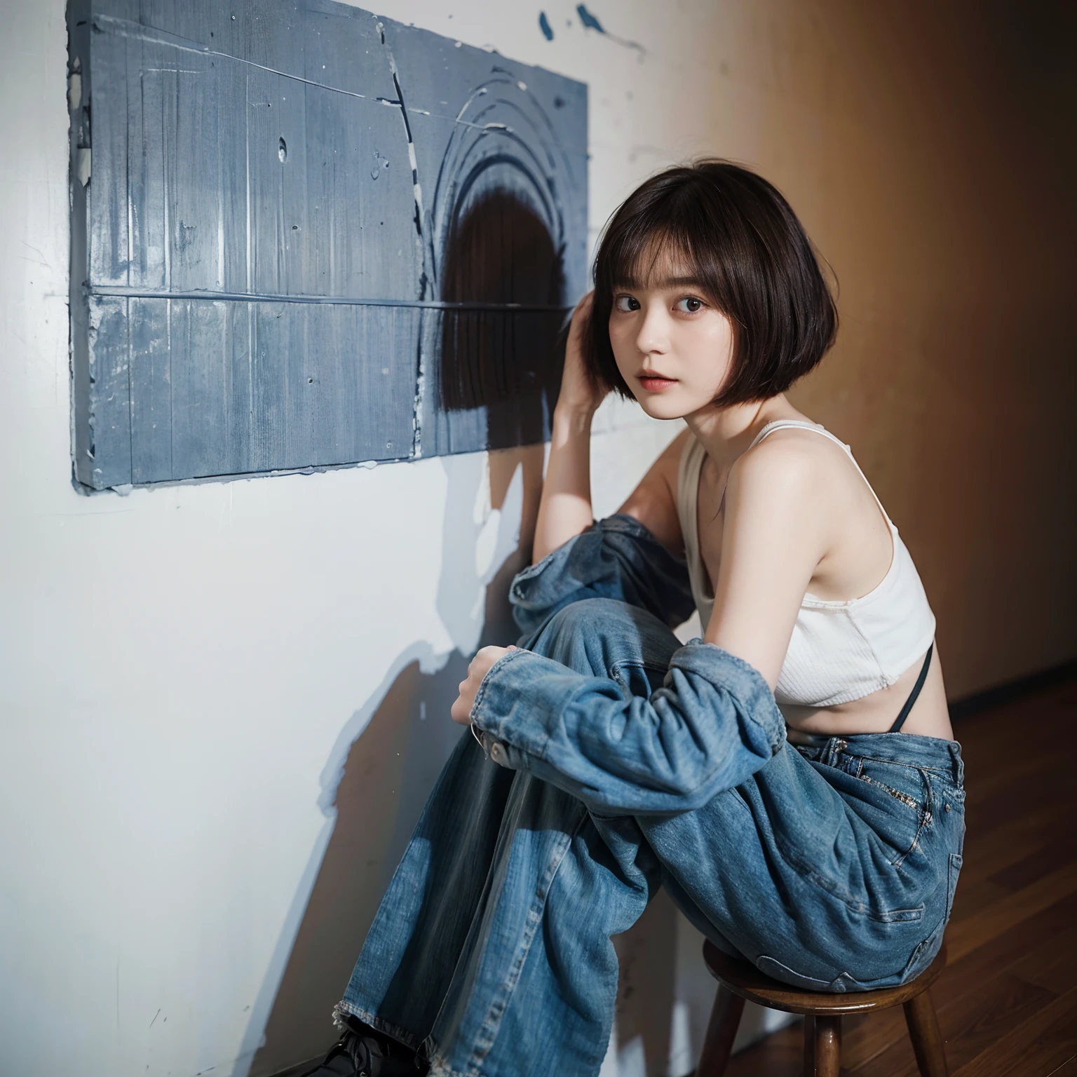 18
(Shorthair:1.3), (a 20 yo woman), (A hyper-realistic), (Masterpiece), (8KUHD), Woman wearing long pants, Small eyes, (The wall is an abstract painting:1.23)