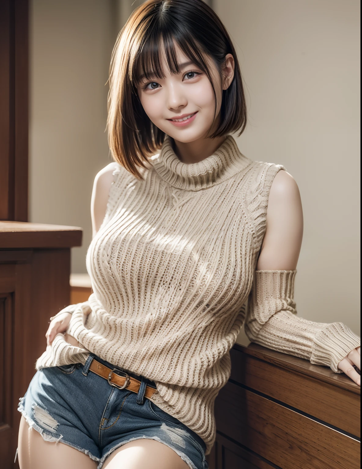 Enhanced dynamic perspective,Cute cute beautiful girl、teacher,(Large breasts:1.3), busty, Flowing sweat, narrow shoulder,((Impossible sweater:1.3)), ((Sleeveless))、(((Shorts)))、see through,Look at me and smile,simple backgound,Works of masters,high quarity,4K resolution,super-fine,Detailed pubic hair,acurate,Cinematic lighting,Leaves the original facial proportions