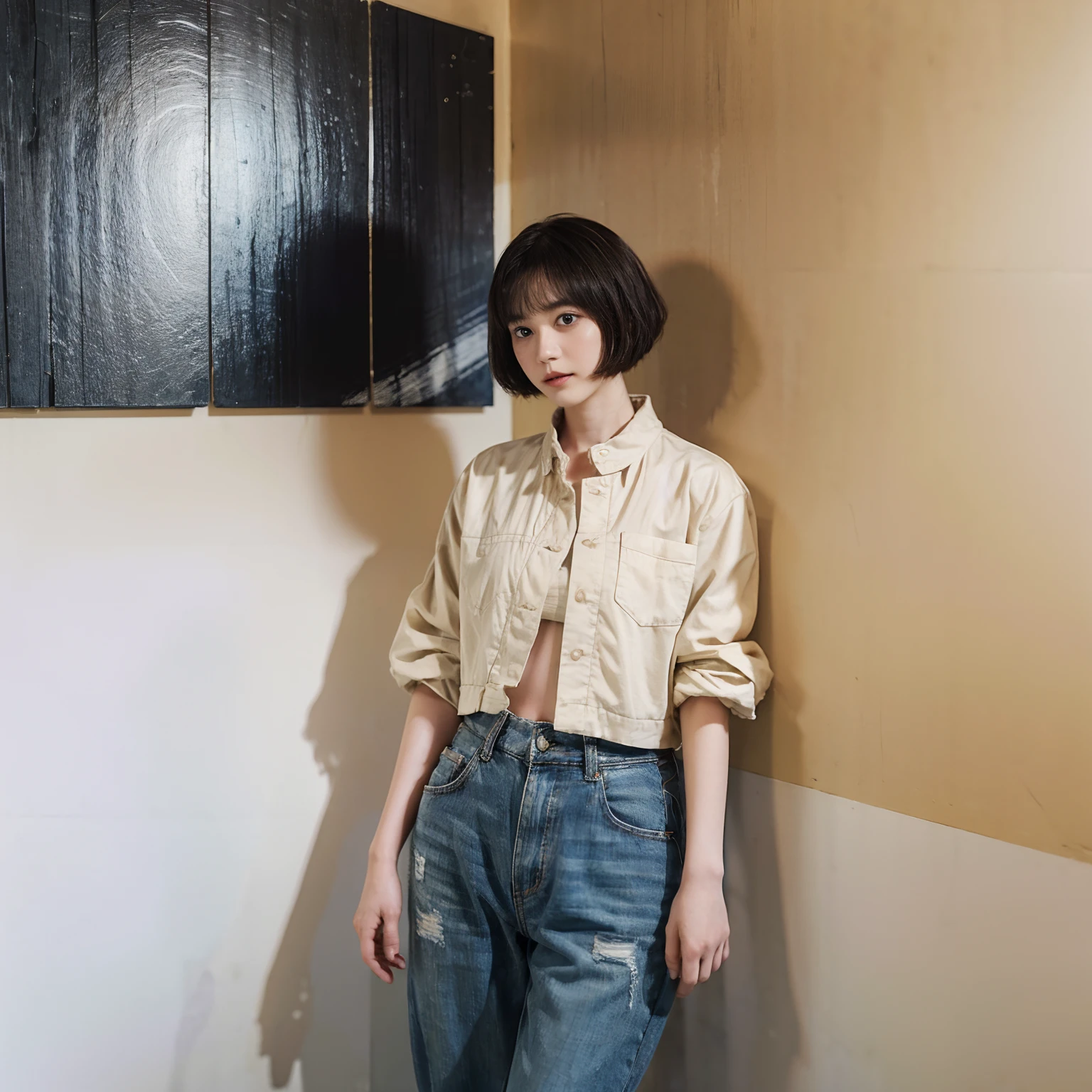 18
(Shorthair:1.3), (a 20 yo woman), (A hyper-realistic), (Masterpiece), (8KUHD), Woman wearing long pants, Small eyes, (The wall is an abstract painting:1.23)