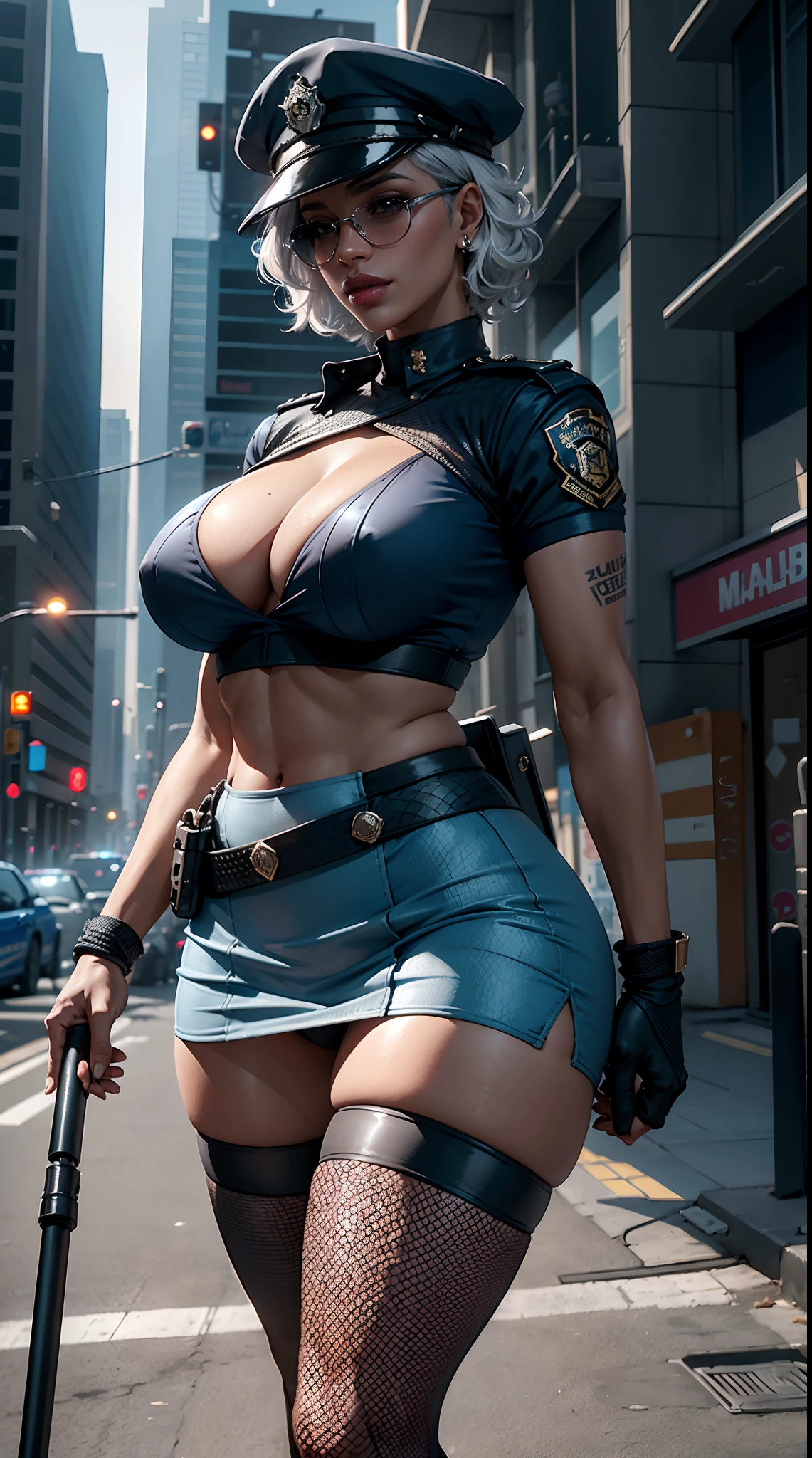 (best quality:1.6), HDR,realistic,16K,1080P,RTX4090 Titan,intricate detailed,high resolution,natural lighting,1woman,sunglasses,ebony skin,light smile,Solo,arrogant,thick lips,pink lipstick,long eyelashes,pink eye-shadow,golden ratio body,high waist,((long legs:1.2)),F-Cup breasts,huge cleavage,slim waist,wide hips,big buttocks,bubble butt,juicy ass,cameltoe,(Detailed face),tattoo,ear pendants, jewelry,Cyberpunk city,crowded street,((Police uniform,police hat,blue short skirt,black fishnet stockings:1.3)),silver hair,curly hair,short hair,wet clothes,hard nipple,standing on the street,sunlight,dynamic pose,((upper body shot:1.1))