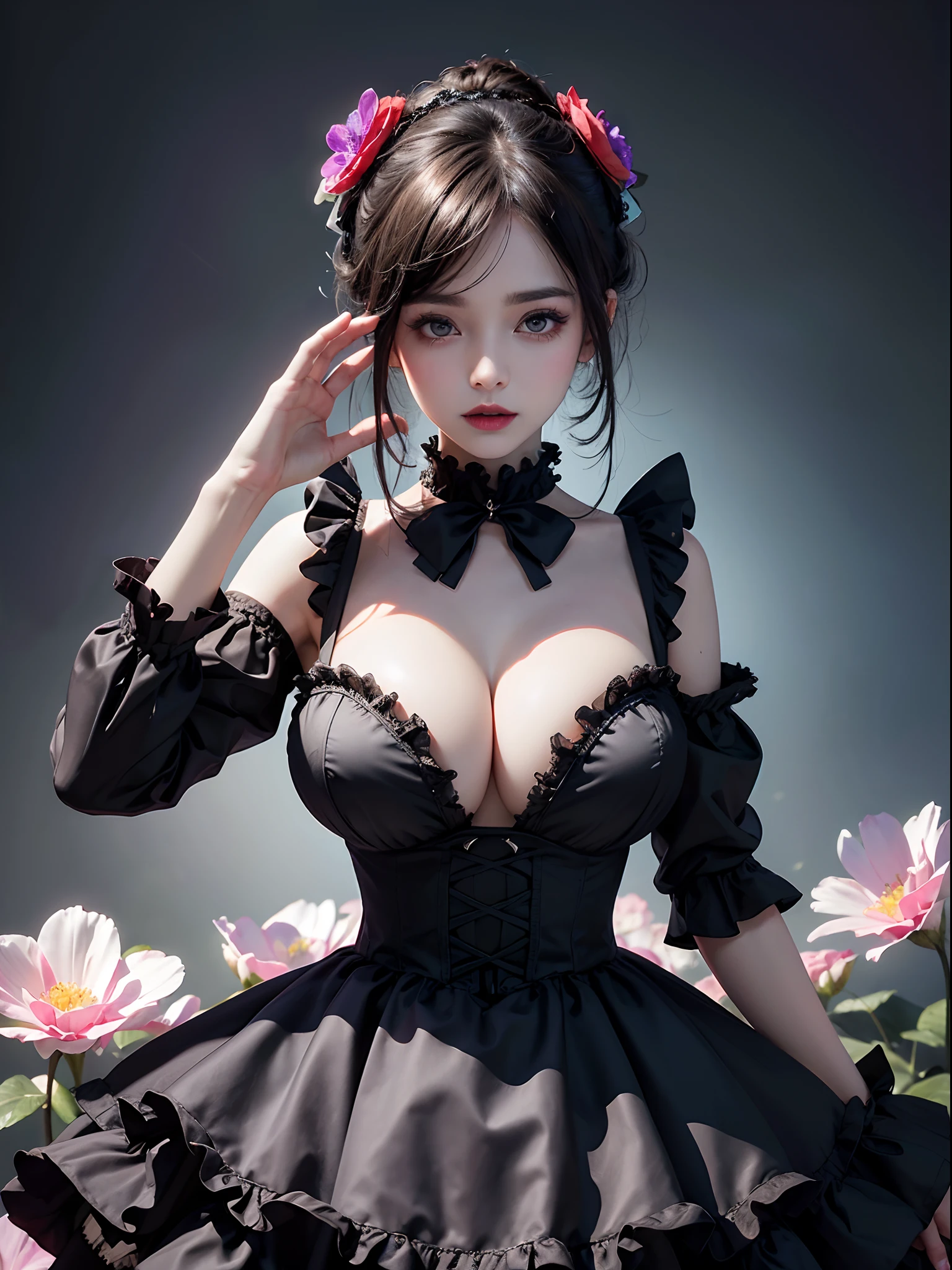 masterpiece, best quality,1girl,gothgal,frilly dress 8k,highres, ( flower_styler:1.2)(rainbow-candy:1.2) ((large breast,big boobs))