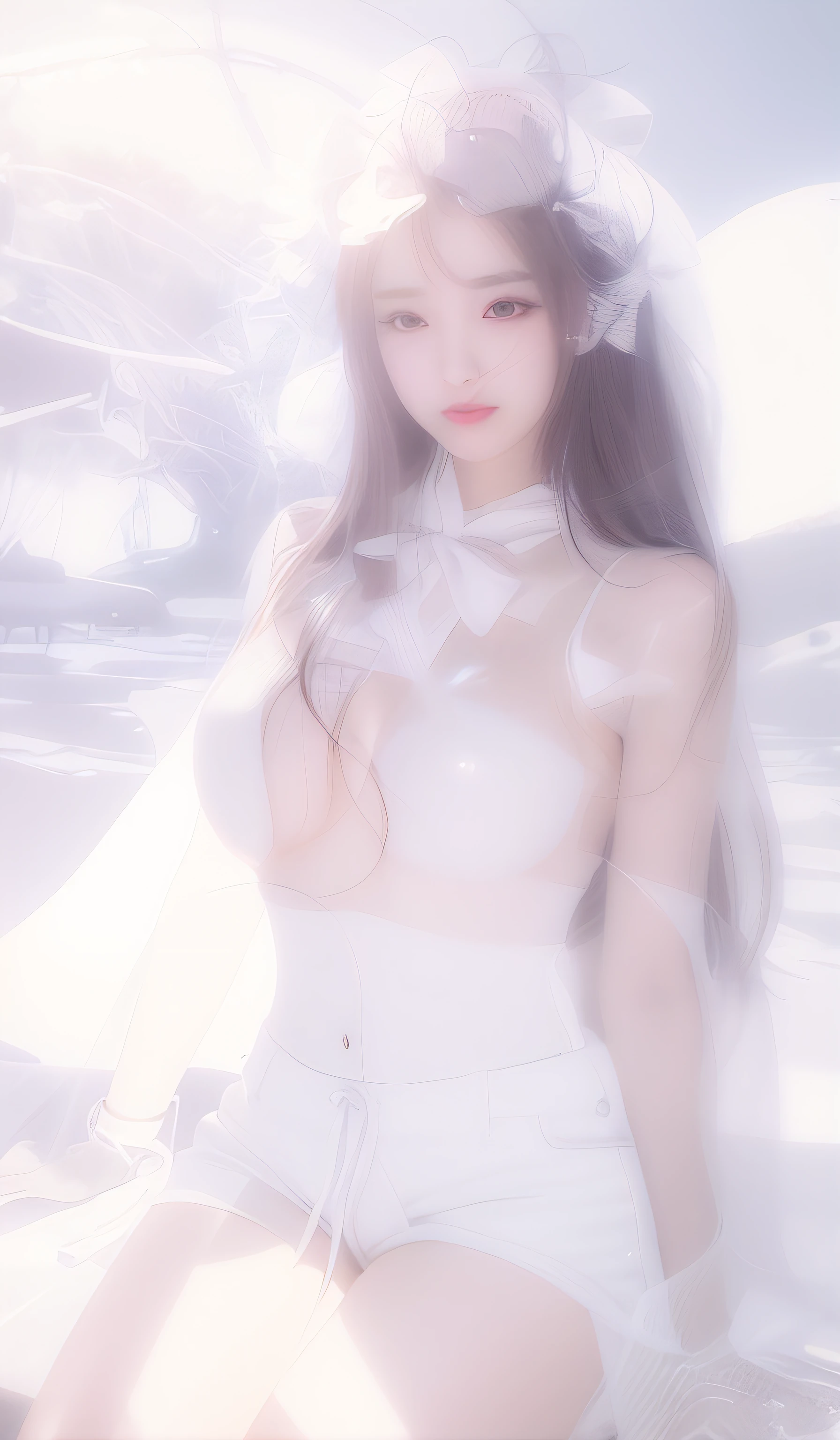 a close up of a woman wearing a white top and shorts, smooth white tight clothes suit, Korean girl, beautiful Korean women, Gorgeous young Korean woman, gorgeous chinese models, intriguing outfit, pale snow-white skin, Japanese goddess, wearing white clothes, Beautiful young Korean woman, Korean woman, Beautiful Asian girl, hot with shining sun, Anime girl in real life