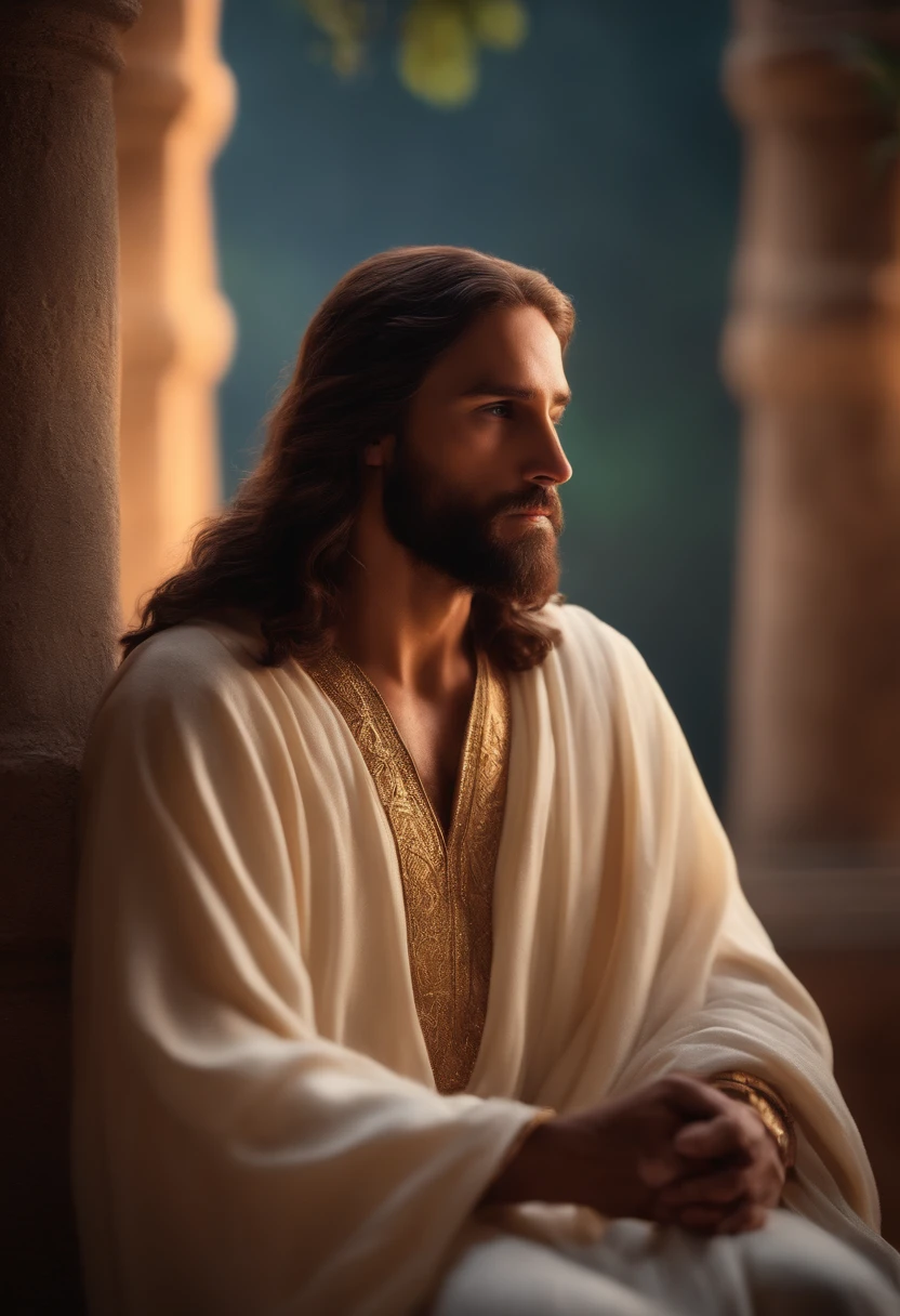 Draw a portrait of Jesus Christ, facing the camera, inside the temple, 12K, high quality, HD, octane rendering, cinematic lighting