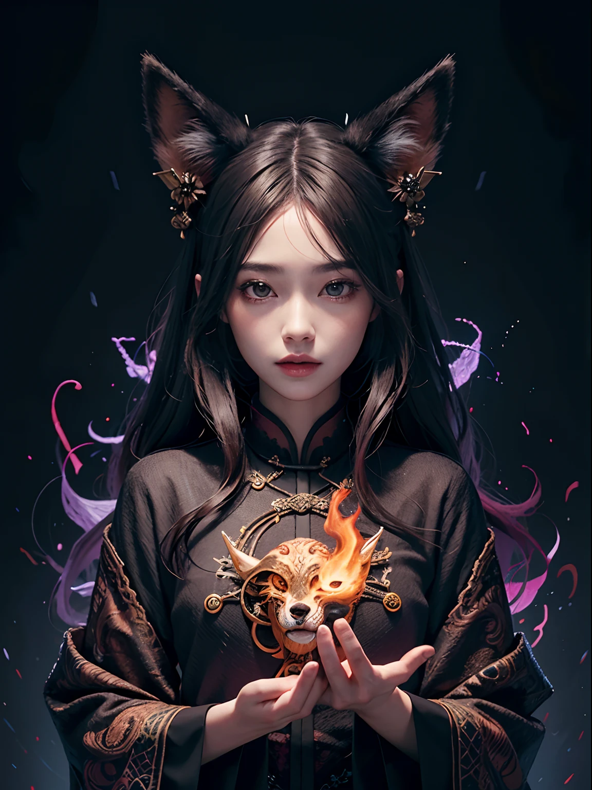 1girl, solo, official art, unity 8k wallpaper, ultra detailed, beautiful and aesthetic, masterpiece, best quality, photorealistic, (abstract background:1.5) (zentangle, mandala, tangle, entangle:0.7) Kitsune witch, fox mask, haori jacket, foxfire spell, fox familiar, transformation, depth of field, Fantastical Atmosphere, the most beautiful form of chaos, elegant, a brutalist designed dark theme, flower of death, ecstasy of flower