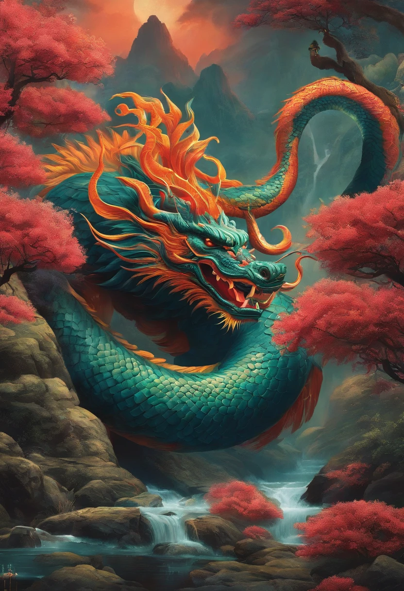 Mountain and Sea Sutra，《《《The Great Desolation Sutra》》》，Ancient legends，oriental mythology，Colorful magic，Ferocious scaly monster，Hell Demon，Golden scales，deer antlers，mane hair，beard，Claws，红眼闪✨发光