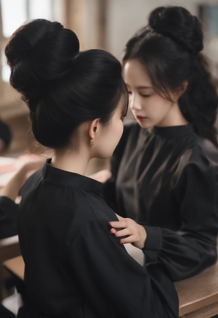 the hair,Black clothes,Girls give lectures in classrooms。