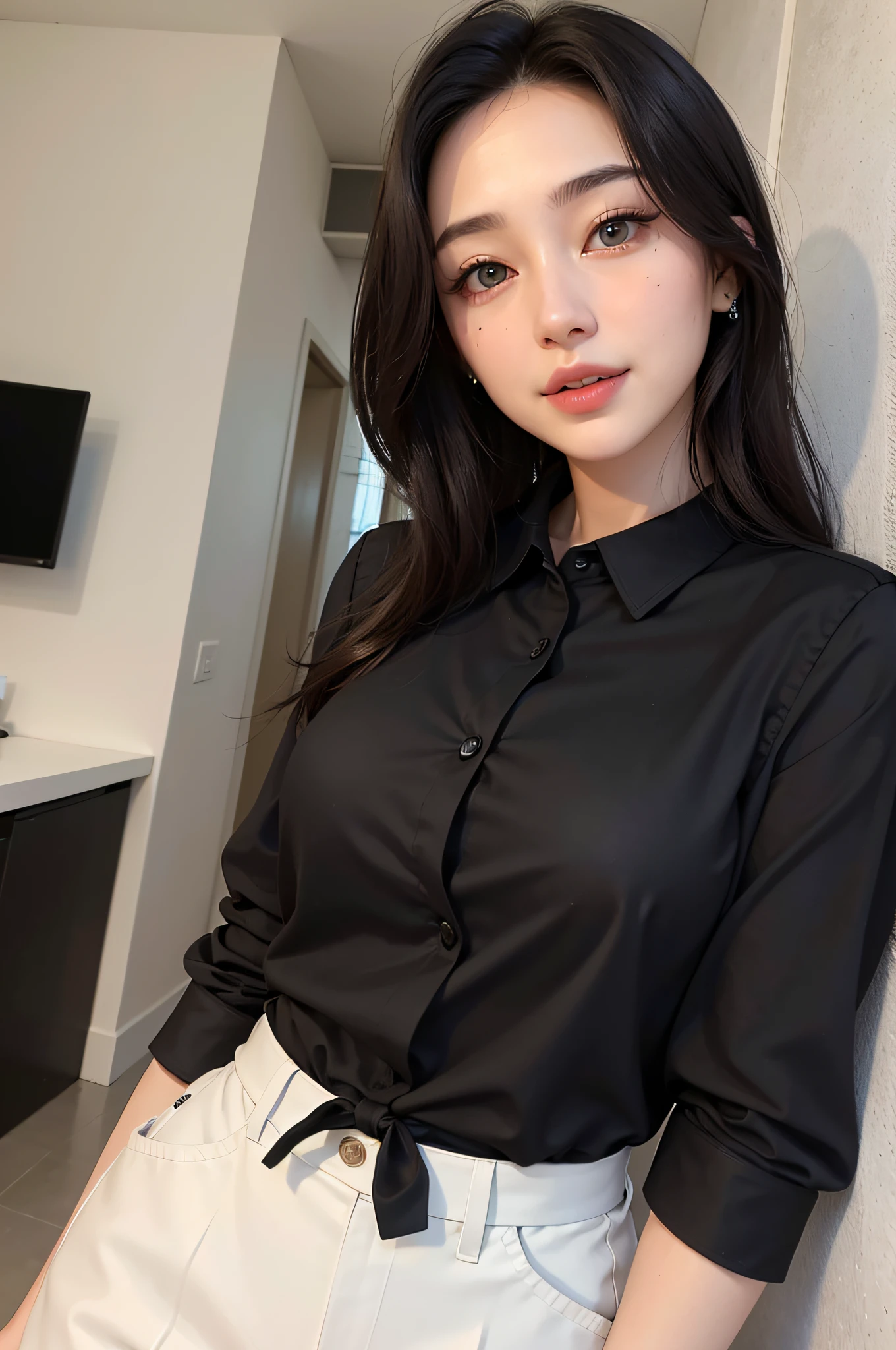 (high-level image quality、high detal、high high quality、A high resolution、Draw everything in high resolution)、Intense crystal light blue eyes、Very pale eyes、Smaller diamond-shaped earrings、Look firmly at the camera、Put your ears out、Long neck、Quite broad shoulders、Beautiful black very short hair、Beautiful very short beautiful hair with bangs、Show off all your beautiful shoulders、Beautiful 28 years old、Gloss on lips、Long neck、Happy smile、beautiful teeth alignment、Beautiful teeth、Beautuful Women、Pretty woman、Tall supermodel、Long-legged supermodel、Solid black business shirt,Slightly larger eyes、Beautiful composition、dynamic ungle