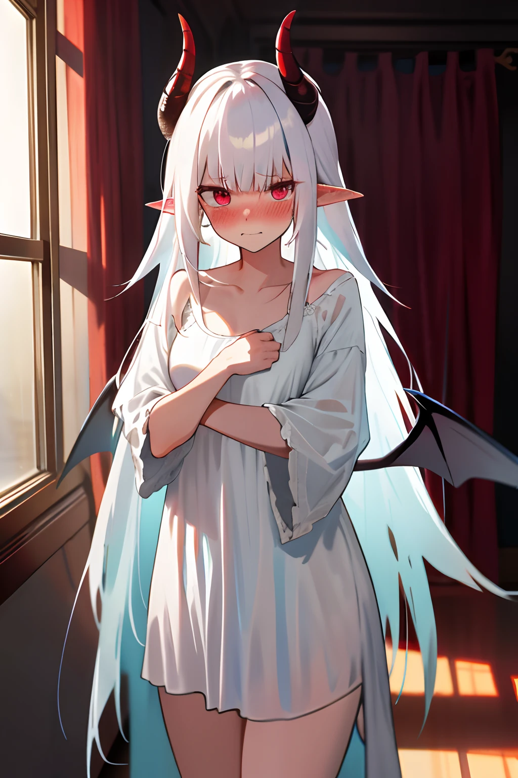 One girl with long hair, white hair, looking at viewer, embarrassed, blushing, indoor , oversized naked night gown, thigh, pointy ears, demon wings, demon king, demon horn, standing