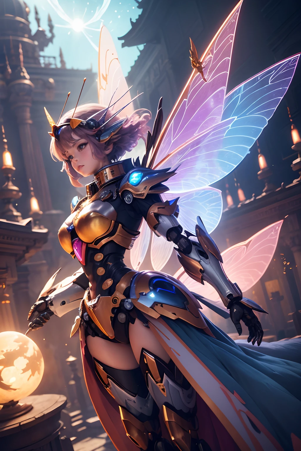 Artistic image of a (((winged mecha fairy))) at a fairy temple with a vibrant and surreal background. The fairy's wings should be a striking combination of technology and fantasy. The temple should have surreal and abstract elements. The camera shot is a close-up with a fish-eye lens, creating a dreamlike perspective. The lighting should be ethereal with vivid, otherworldly colors. The resolution can be 8K for intricate details.