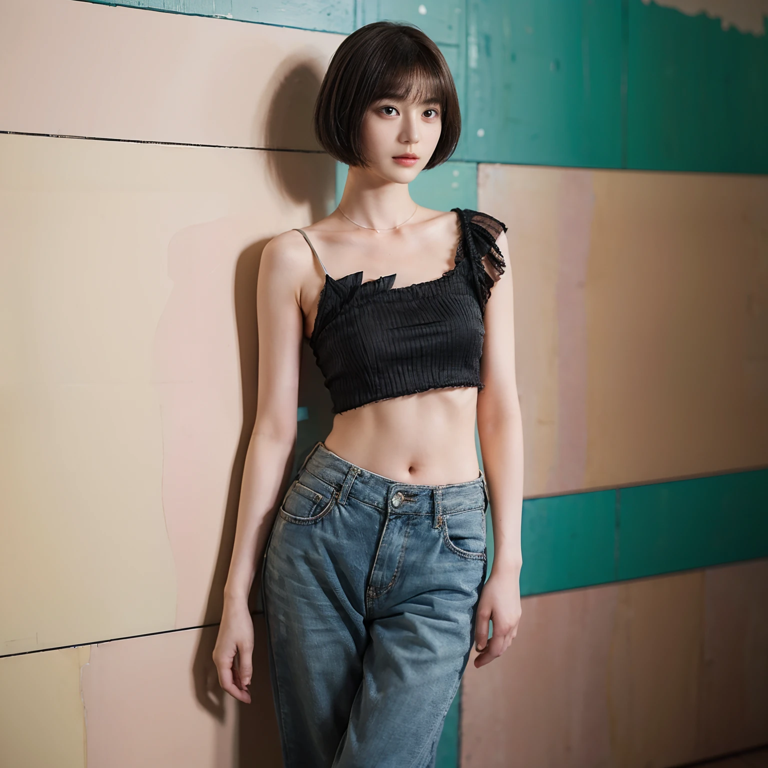 17
(Shorthair:1.3), (a 20 yo woman), (A hyper-realistic), (Masterpiece), (8KUHD), Woman wearing long pants, Small eyes, (The back is an abstract painting:1.23)