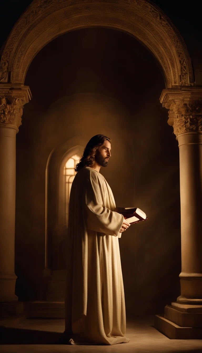 (hightquality: 1.3), cinematic still shot, masterpiece, (foco nítido: 1.5), (Photorealista: 1.3), medium portrait (Jesus with the Bible in a fancy setting), 细致背景, clear lighting, Twilight Lighting, volume illumination, intricate-detail, nffsw, Angel in the background