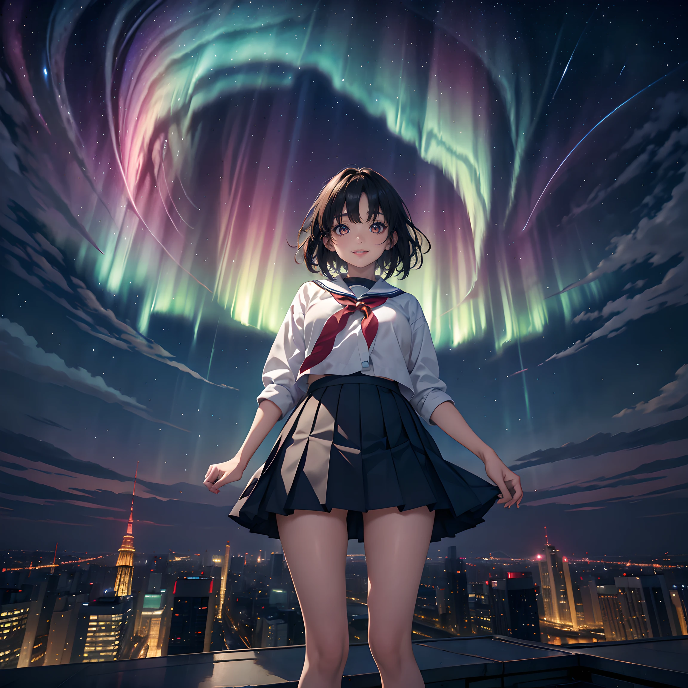 Composition: "Compose an image set in the heart of Tokyo city, where the vibrant and colorful Aurora Borealis lights up the urban skyline. The composition should capture the fusion of city lights and the ethereal beauty of the Aurora."

Person: "In the foreground, feature a young Japanese high school girl who is also a K-POP idol. She stands in awe, gazing up at the mesmerizing Aurora with a sense of wonder and admiration. She has short hair, no glasses, and is dressed in the iconic Japanese sailor school uniform."

Background: "Set the scene in Tokyo city center, with its skyscrapers and bustling streets providing a modern backdrop to the celestial phenomenon above. The night sky is filled with the vivid hues of the Aurora Borealis, creating a unique and enchanting atmosphere that blends the urban and natural worlds."