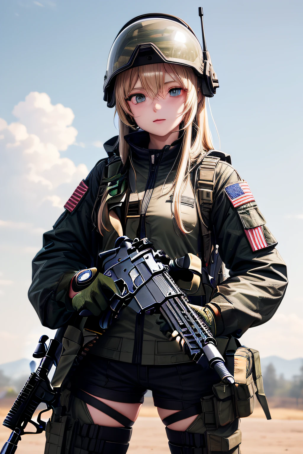 With an assault rifle
