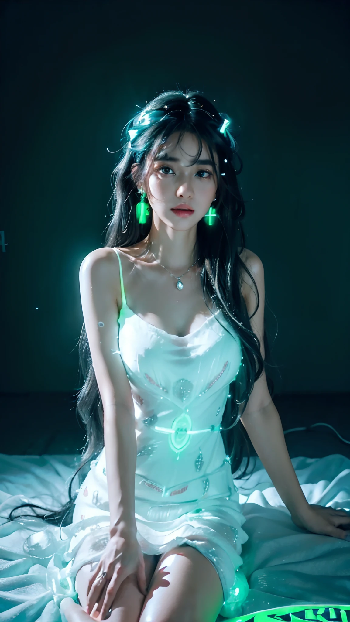 (4K:2.0), (ultra hd), Masterpiece, ((1girl)), beautiful face, (glowing face:1.5), detailed eyes, (ultra long flowing hair:1.5), (black and grey mixed hair color:1.2), crystal hair ornaments, earrings, necklace, (very beautiful:1.5), white dress, (glowing dress:1.5)), ((neon dress:1.5)) bare thigh, glowing lace:1.2 shining dress:1.2, magic ball glowing,  jewellery, (soft light:1.5), (spreading lights:1.5), beautiful bright glowing, low lighting, dark room, (complex shadow:1.2), sitting, looking at viewers,