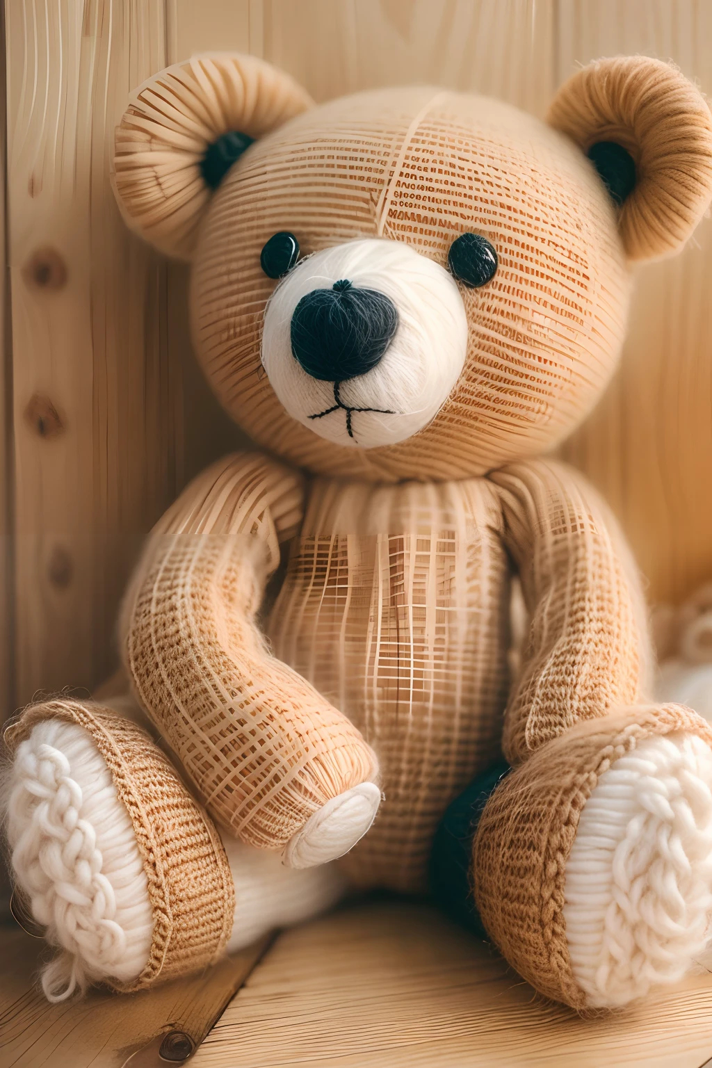 A picture featuring a teddy bear made of wool-knitted fabric，This fabric gives teddy bears a warm and comfortable texture